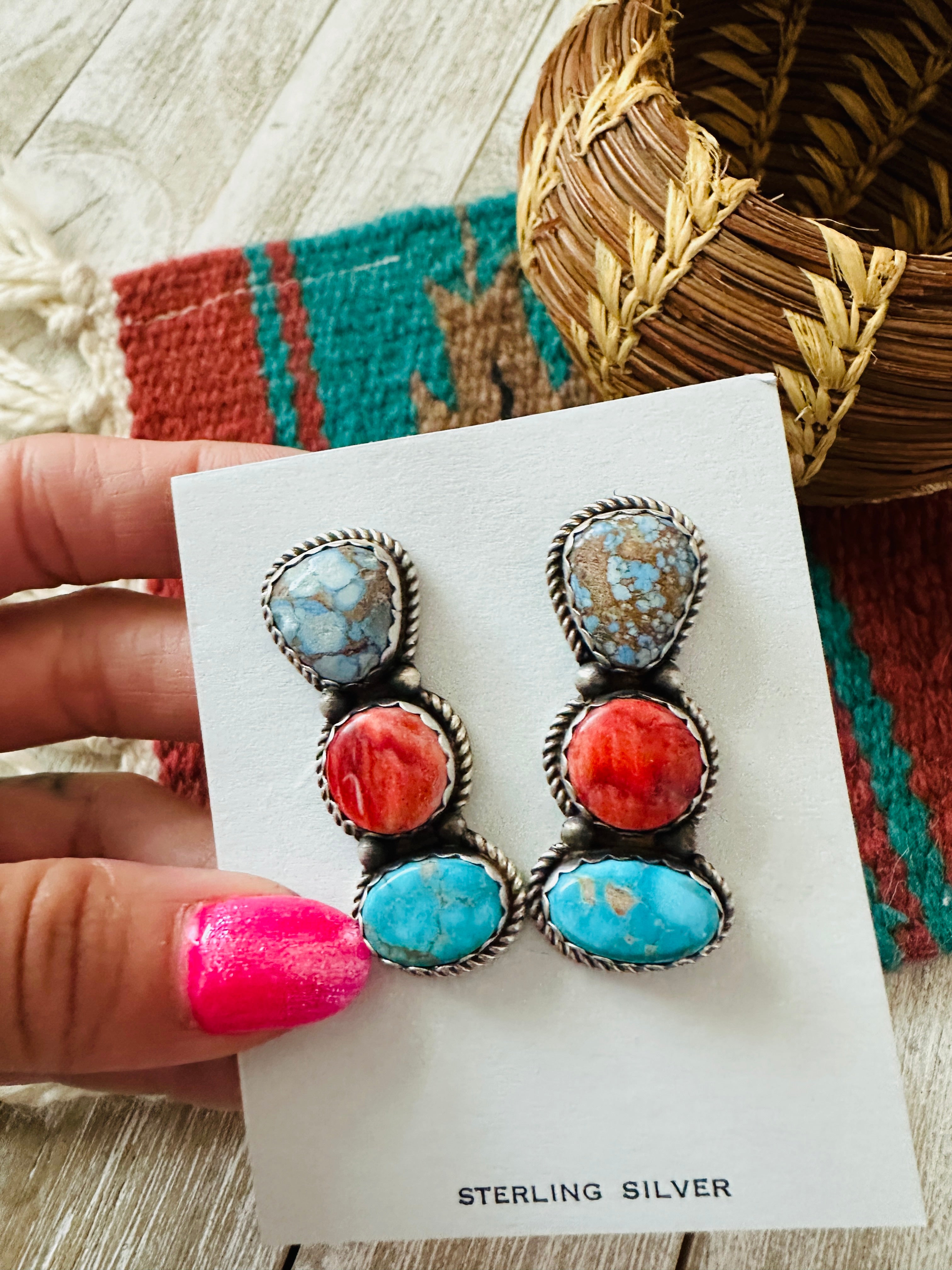 Handcrafted Red Spiny, Turquoise and Sterling Silver Dangle Earrings