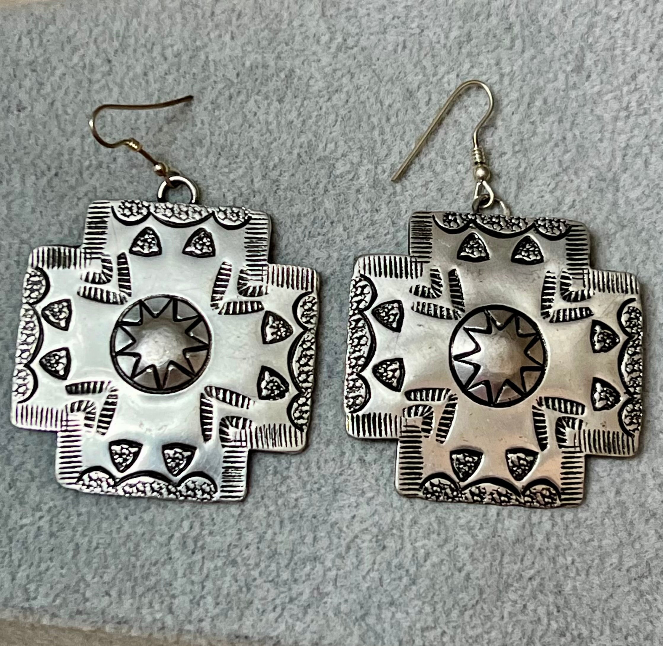 Cross Shaped Silver-Plated Brass Engraved Earrings