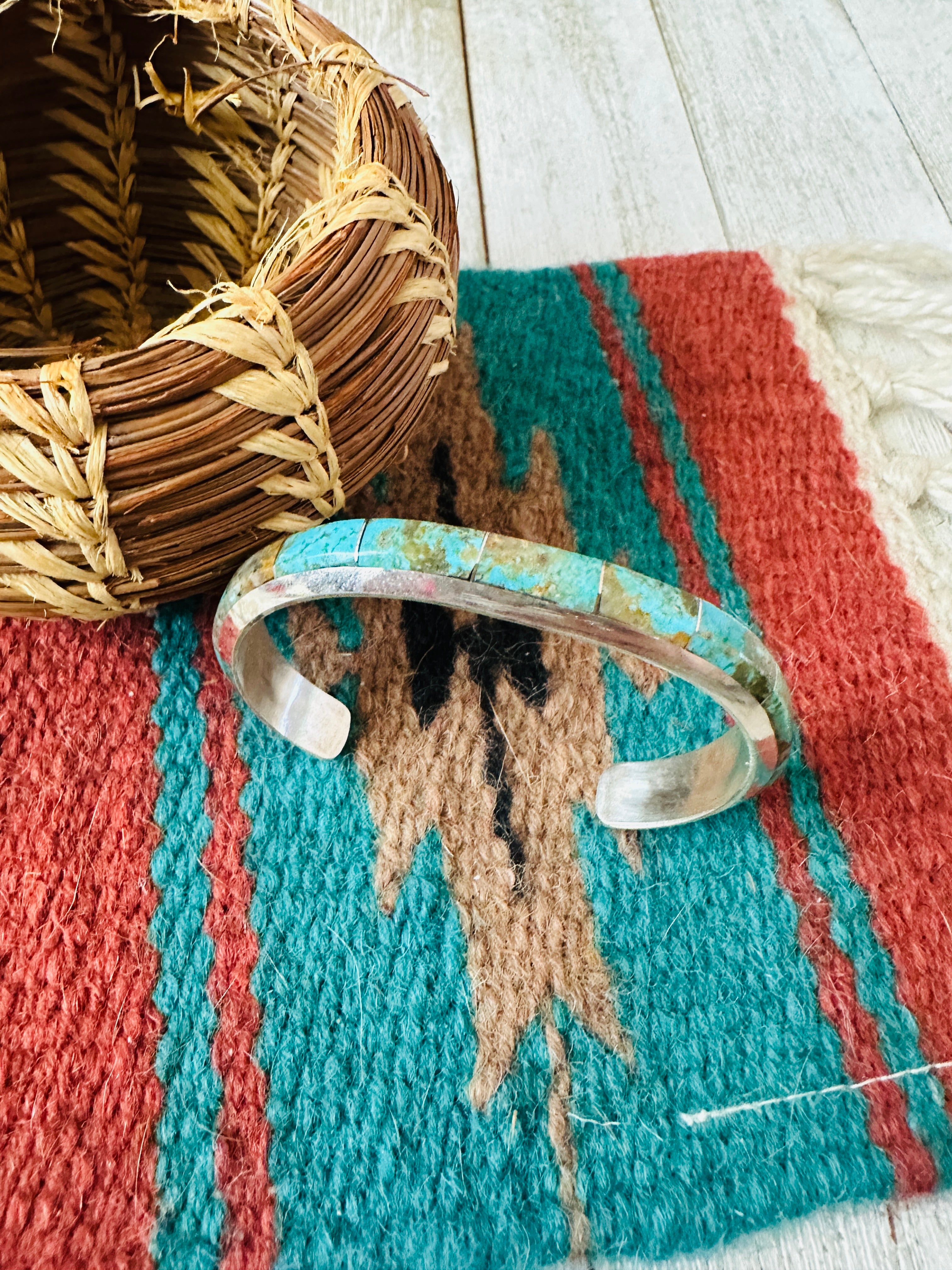 Handcrafted Number 8 Turquoise & Sterling Silver Inlay Cuff Bracelet