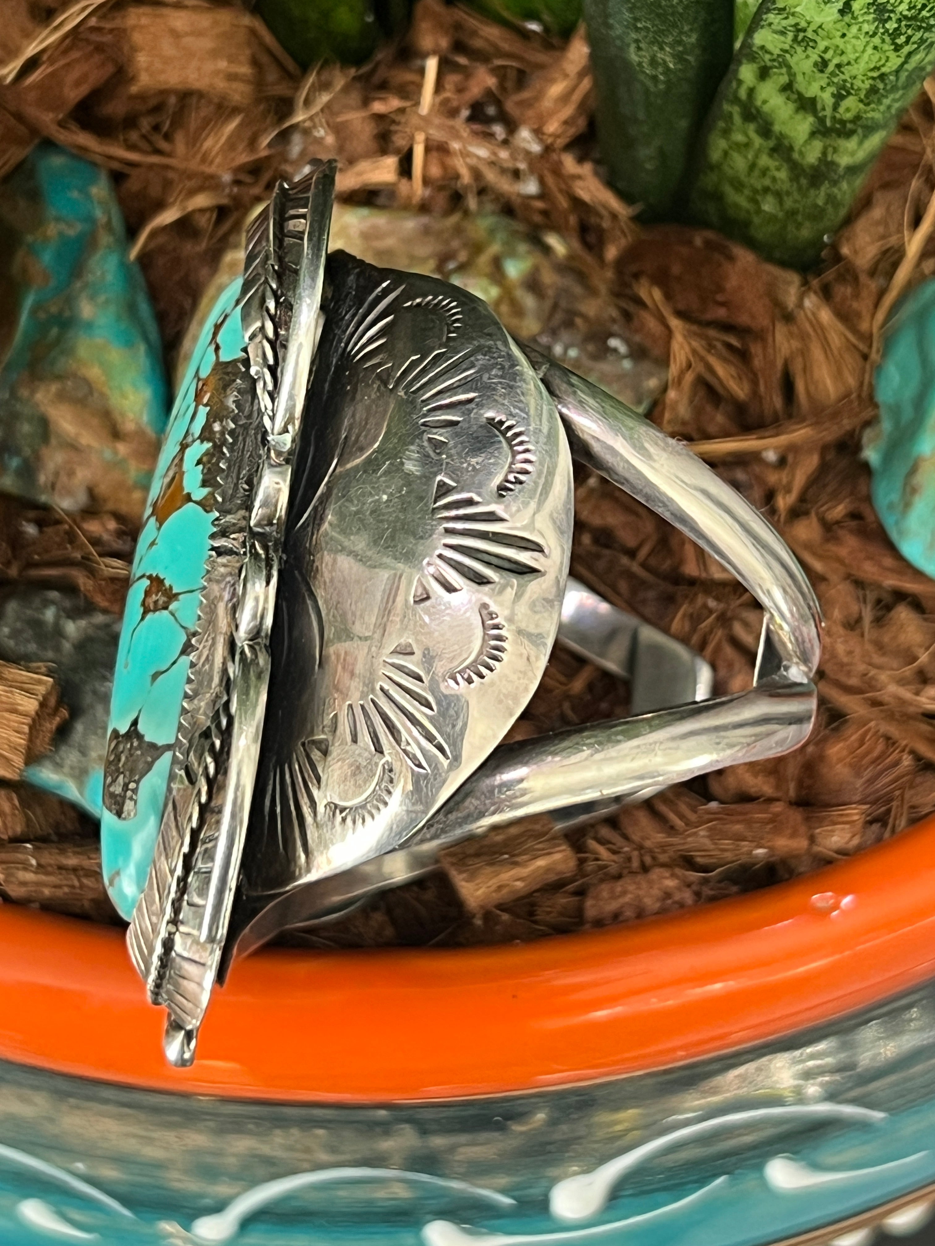 Handcrafted Vintage Sterling Silver, Turquoise and Coral Cuff Bracelet, Unsigned /