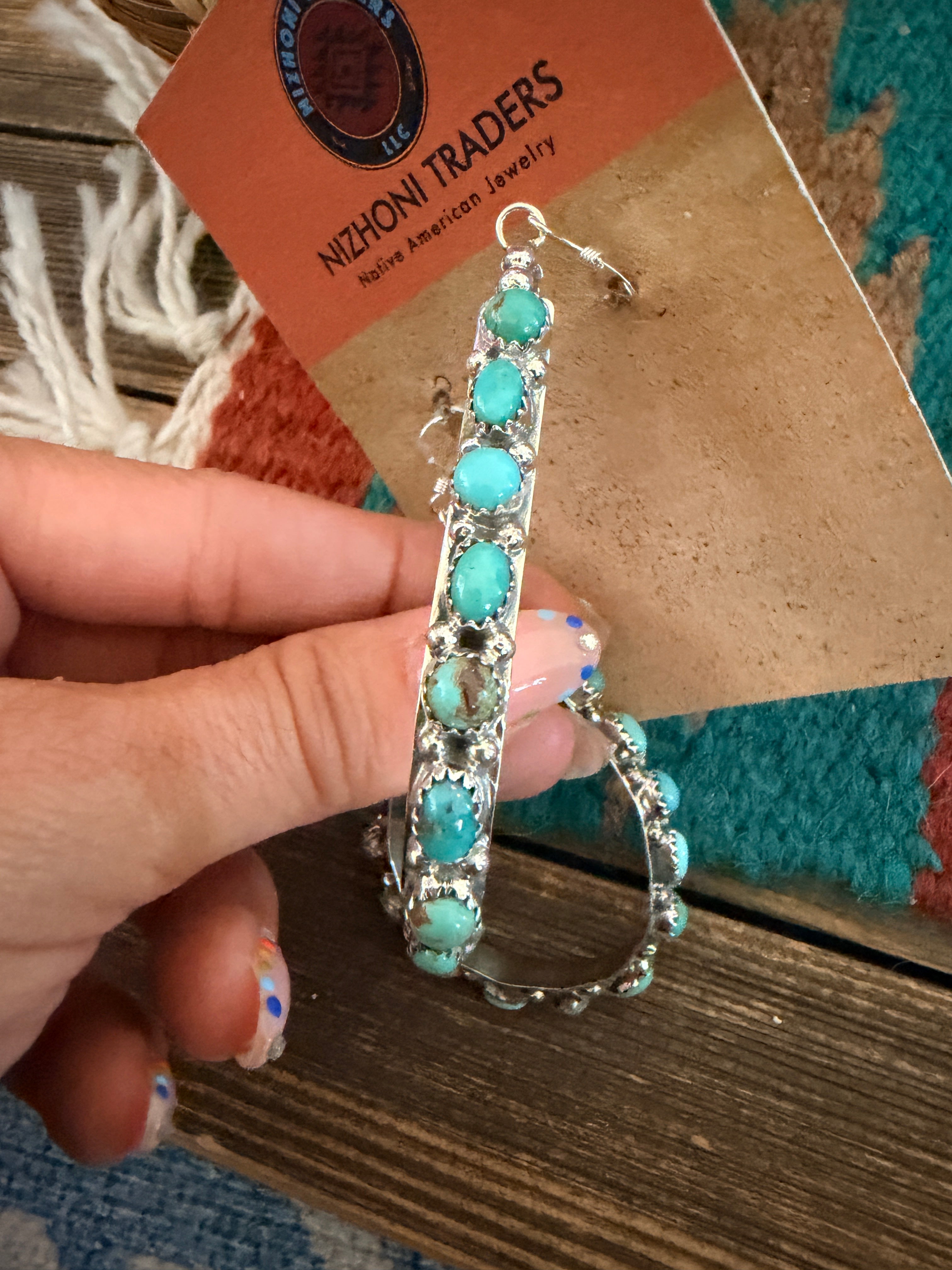Handcrafted Turquoise & Sterling Silver Dangle Hoop Earrings