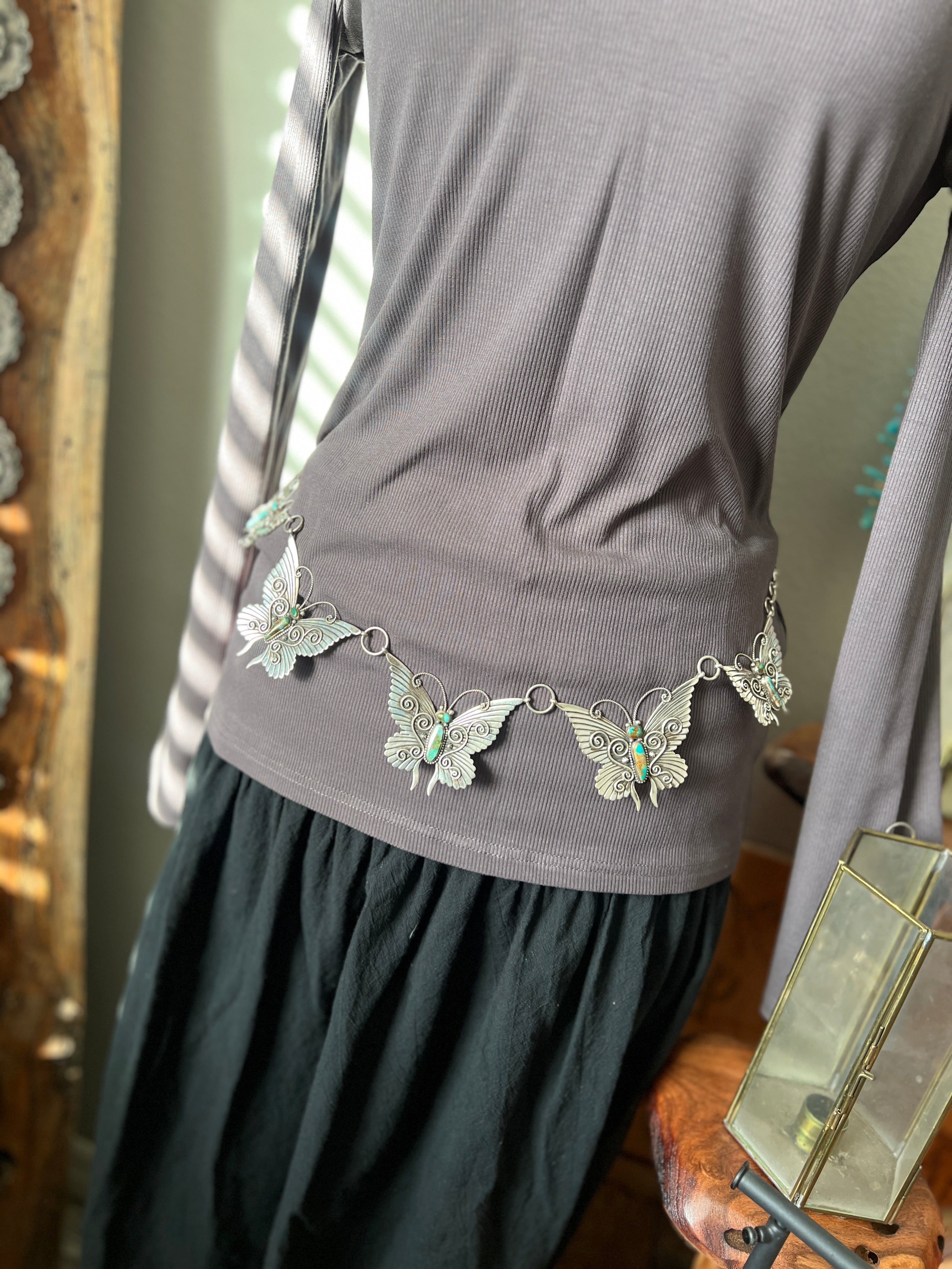 Lee Charley Handcrafted Sterling Silver and Turquoise Butterfly Lover’s Link Necklace, Belt or Hat Adornment
