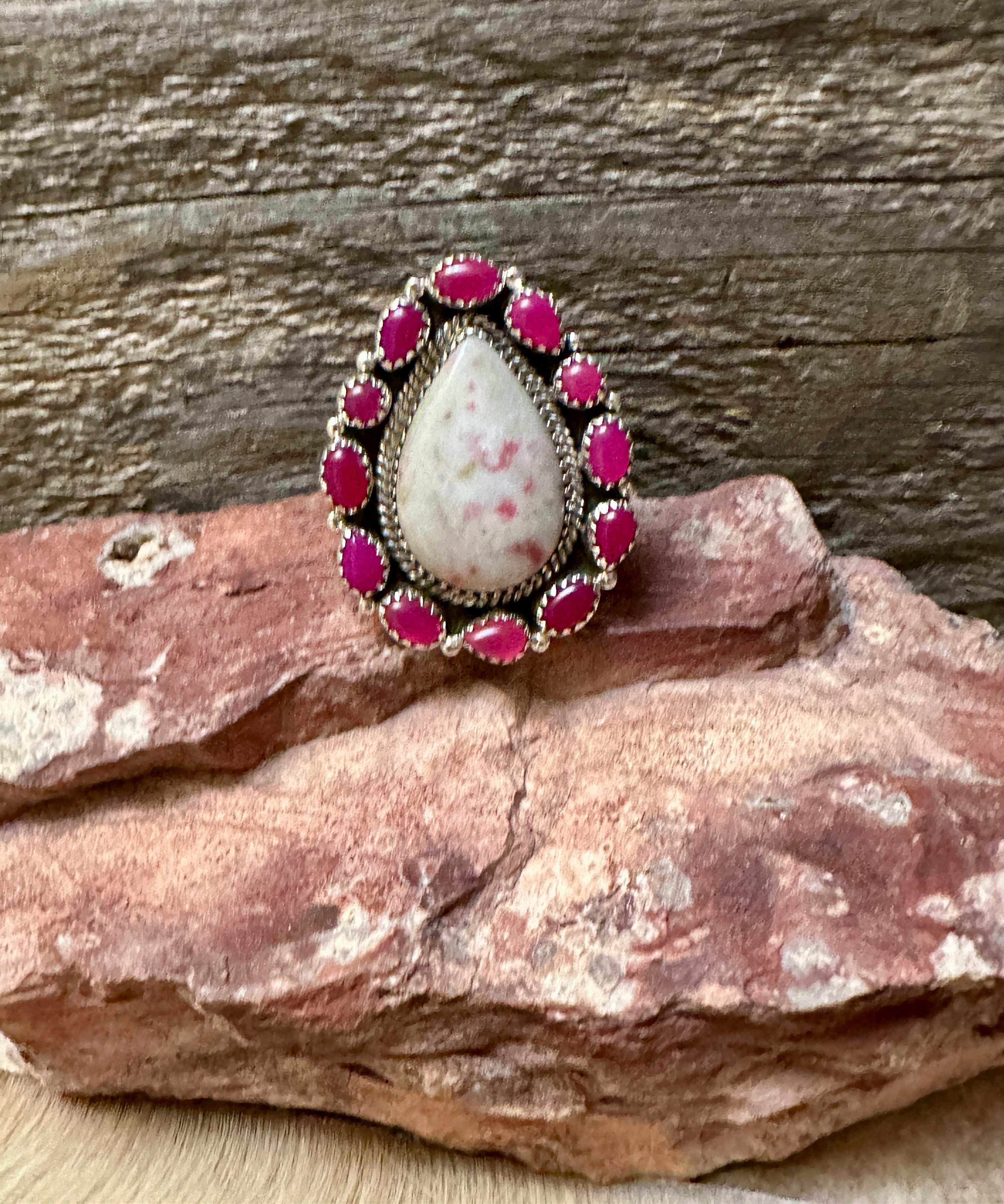 Handmade Pink & White Opal Sterling Silver Adjustable Ring