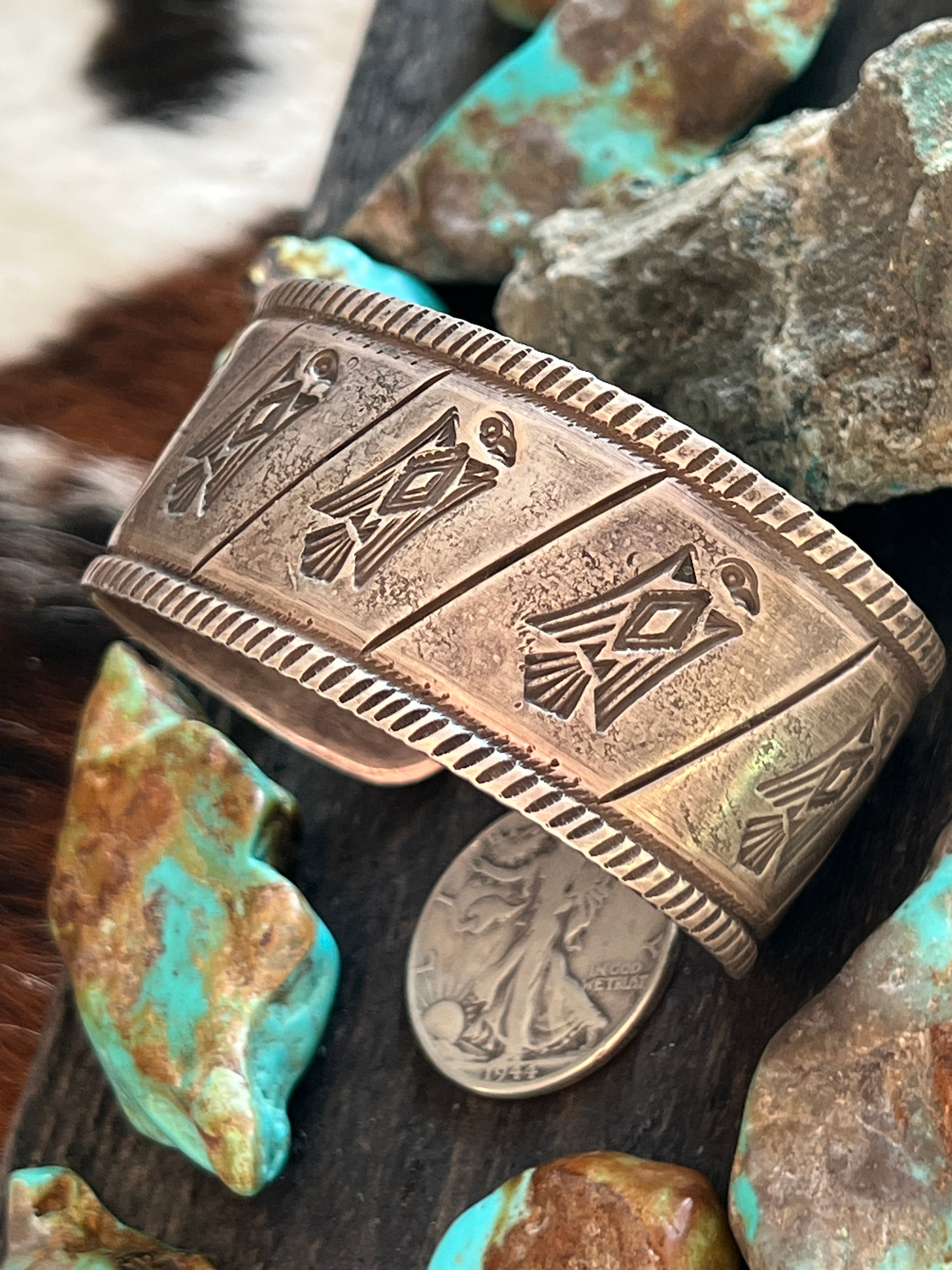 Handcrafted & Hand Forged Old Pawn Sterling Silver Ingot Cuff Bracelet by Santa Fe Artist, Buffalo: The Birds