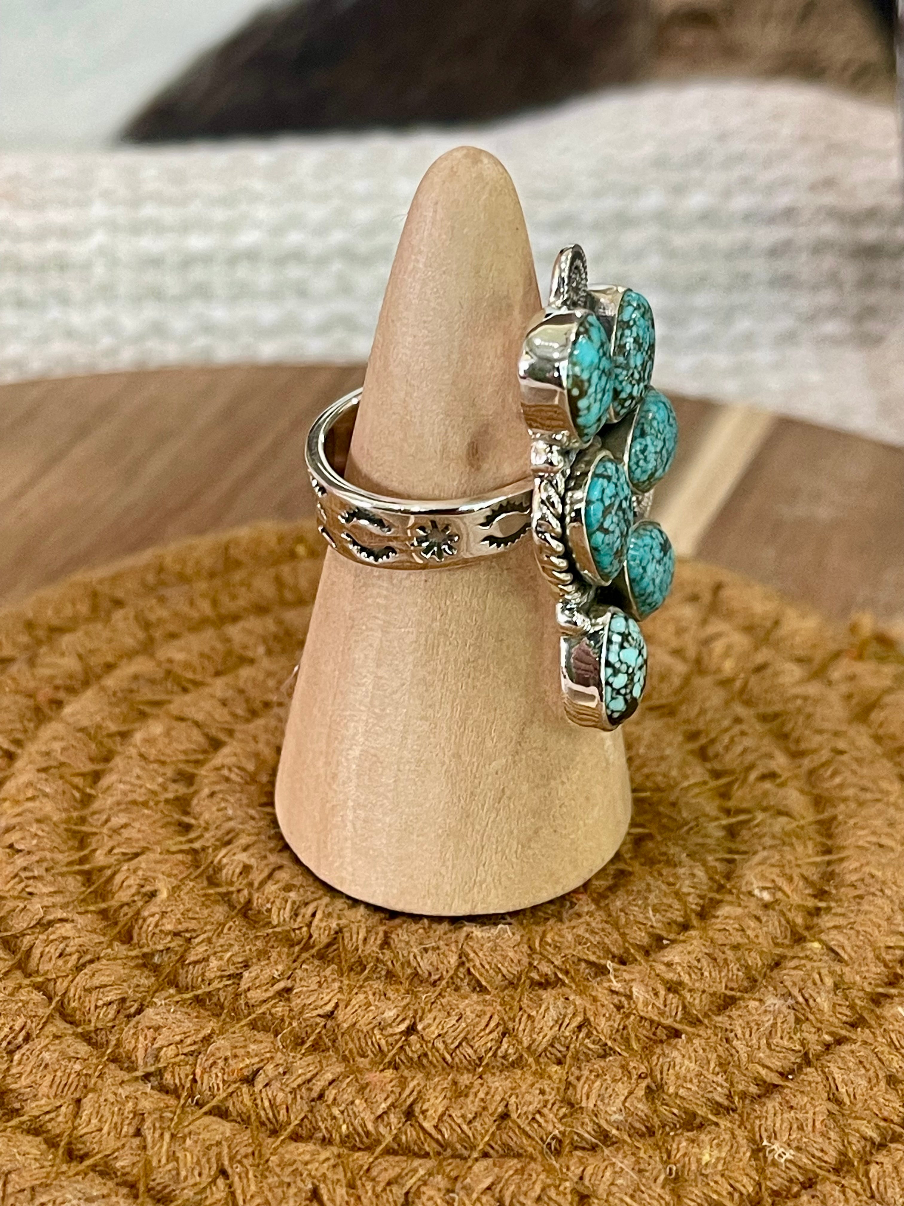 Beautiful Handmade Sterling Silver & Number 8 Turquoise Adjustable Cluster Ring
