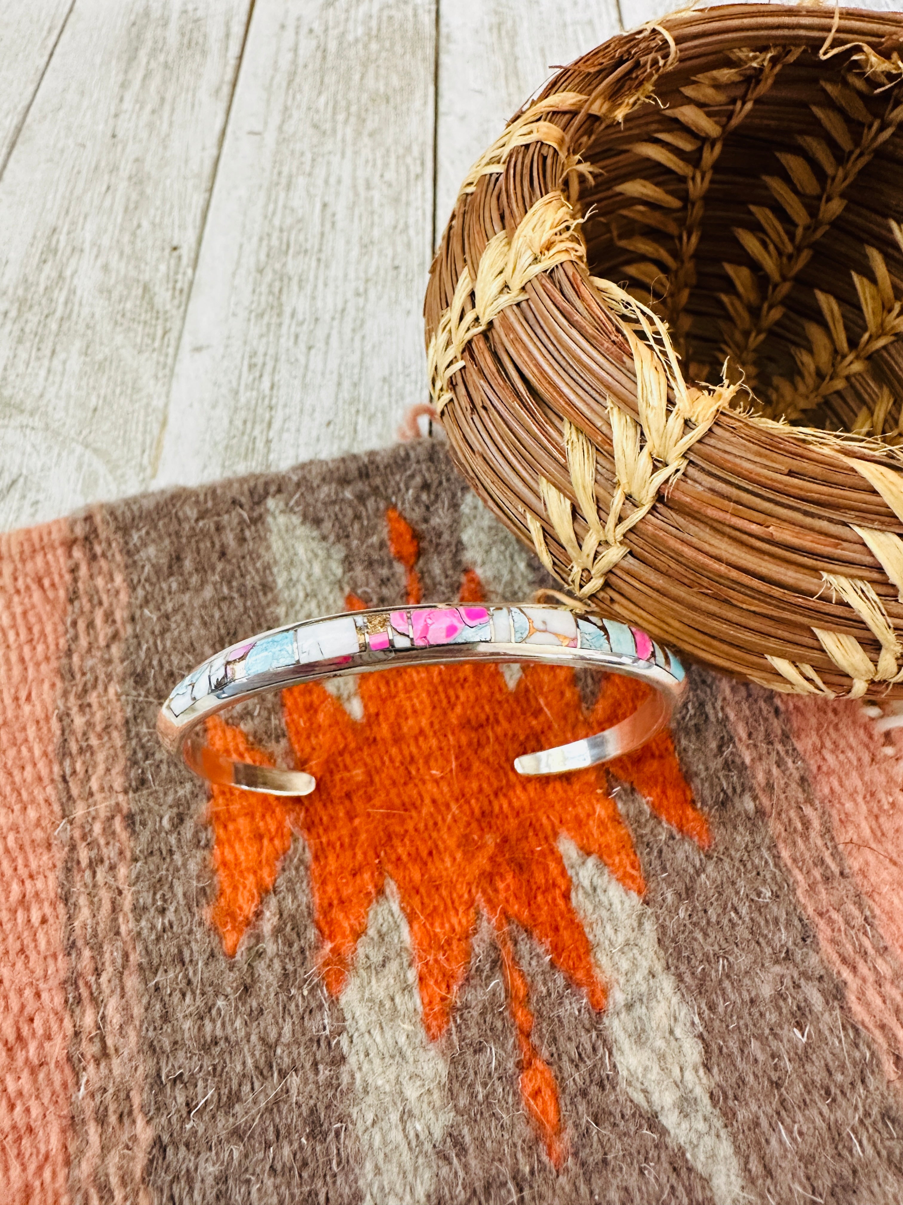 Handcrafted Cotton Candy & Sterling Silver Inlay Cuff Bracelet