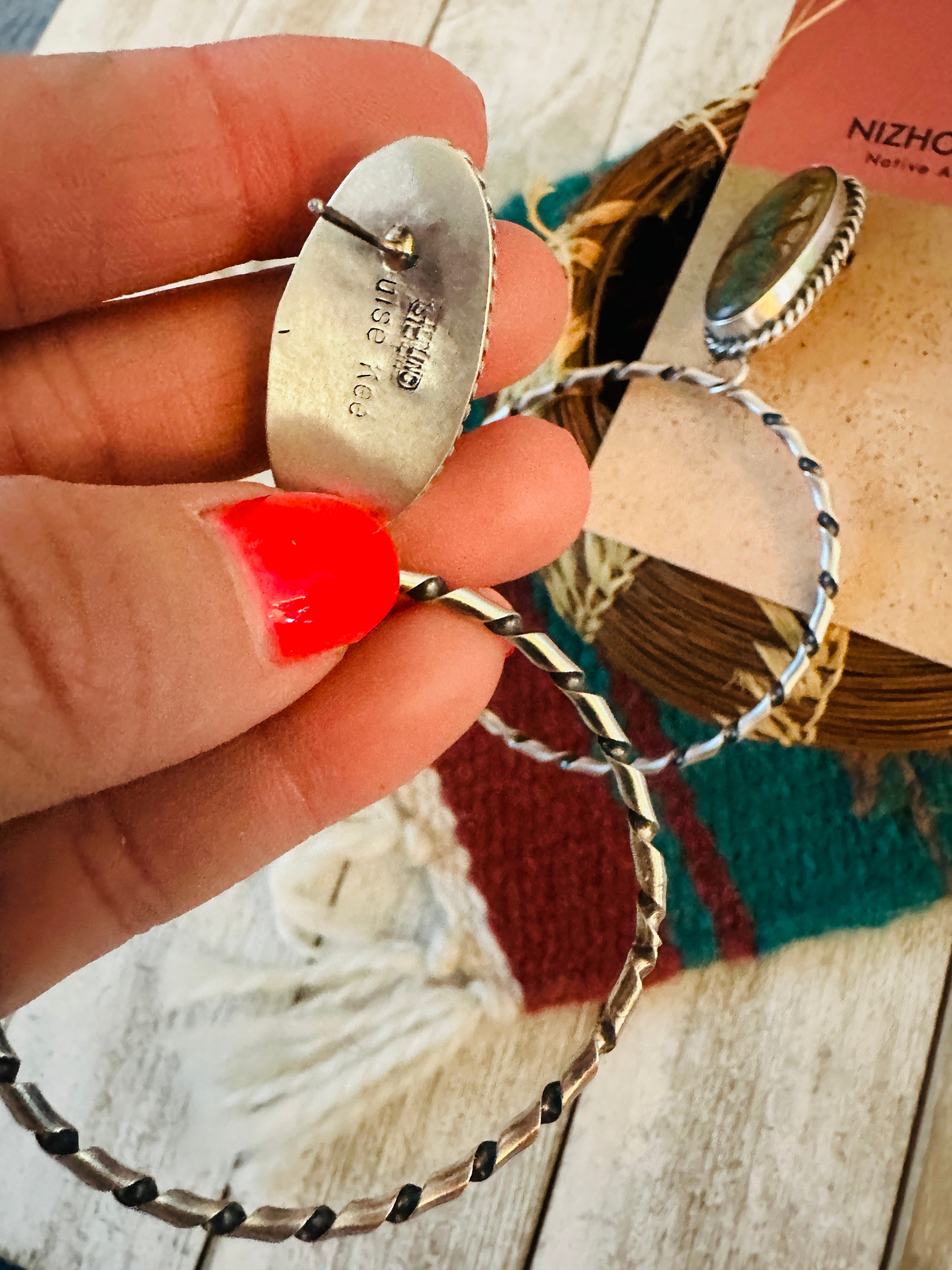 Navajo Ribbon Turquoise and Sterling Silver Dangle Hoop Earrings