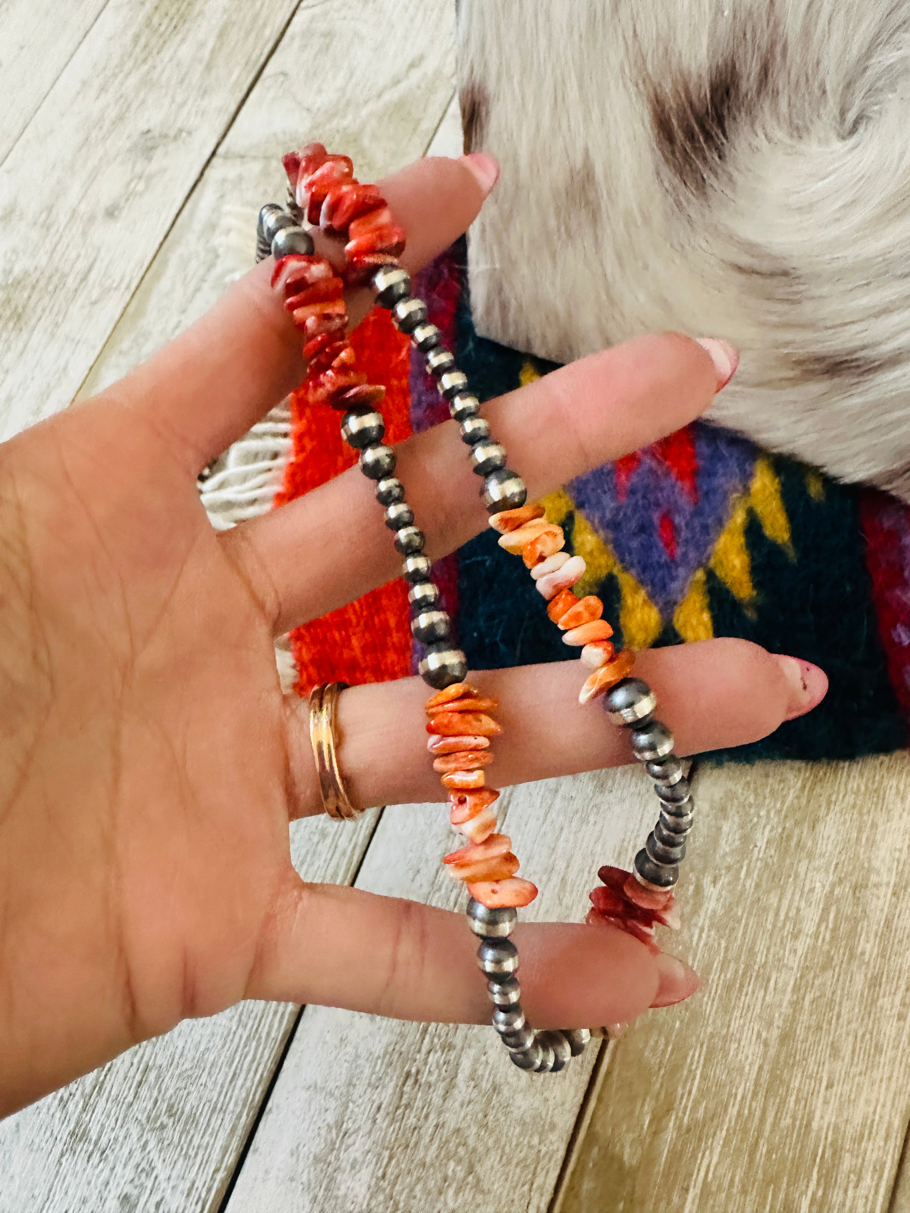 Handcrafted Sterling Silver & Spiny Oyster Beaded 20” Necklace