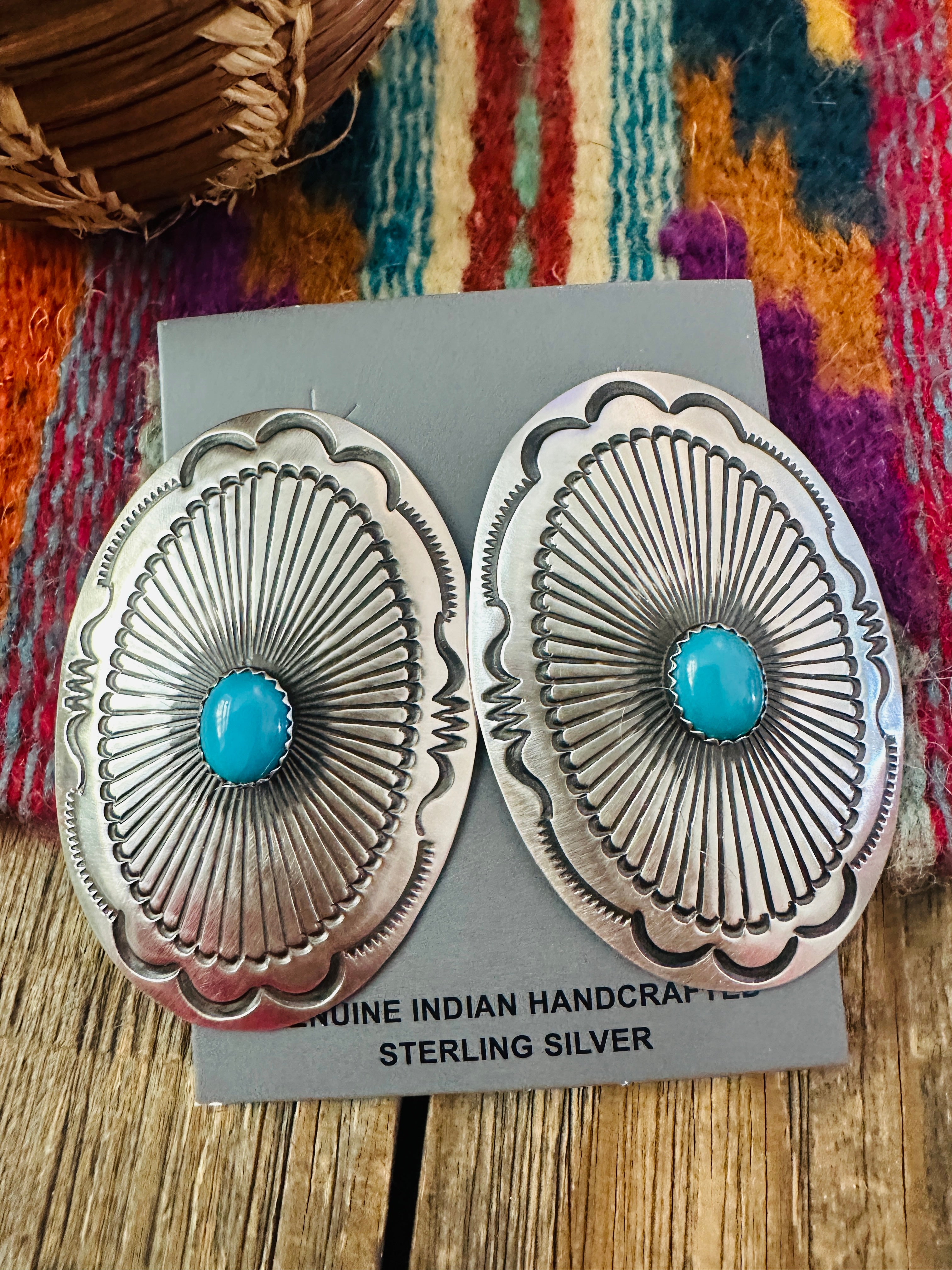 Handcrafted Turquoise & Sterling Silver Concho Post Earrings by Leander Tahe