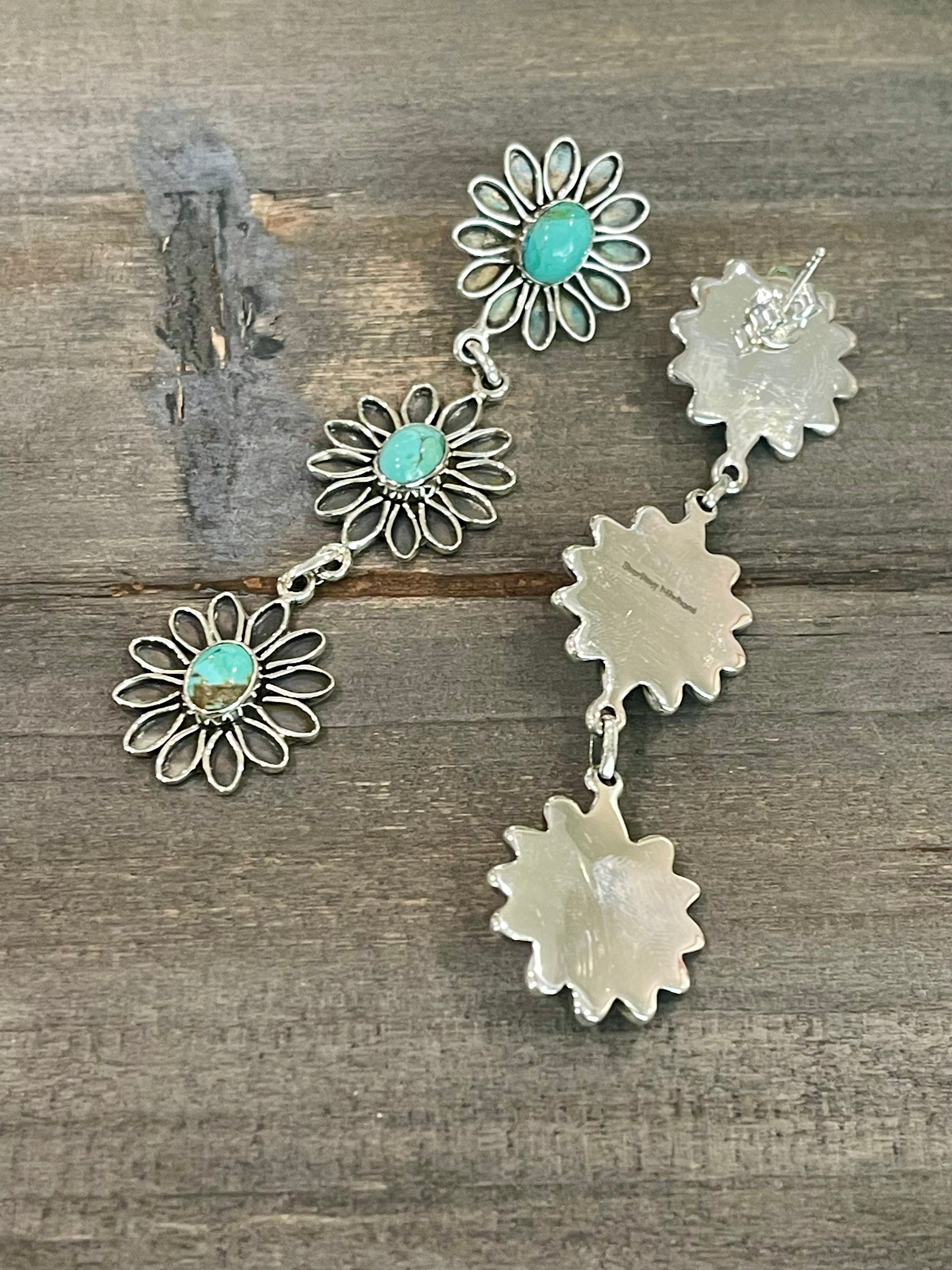 Handmade Flower Sterling Silver & Turquoise Post Dangle Earrings Signed Nizhoni