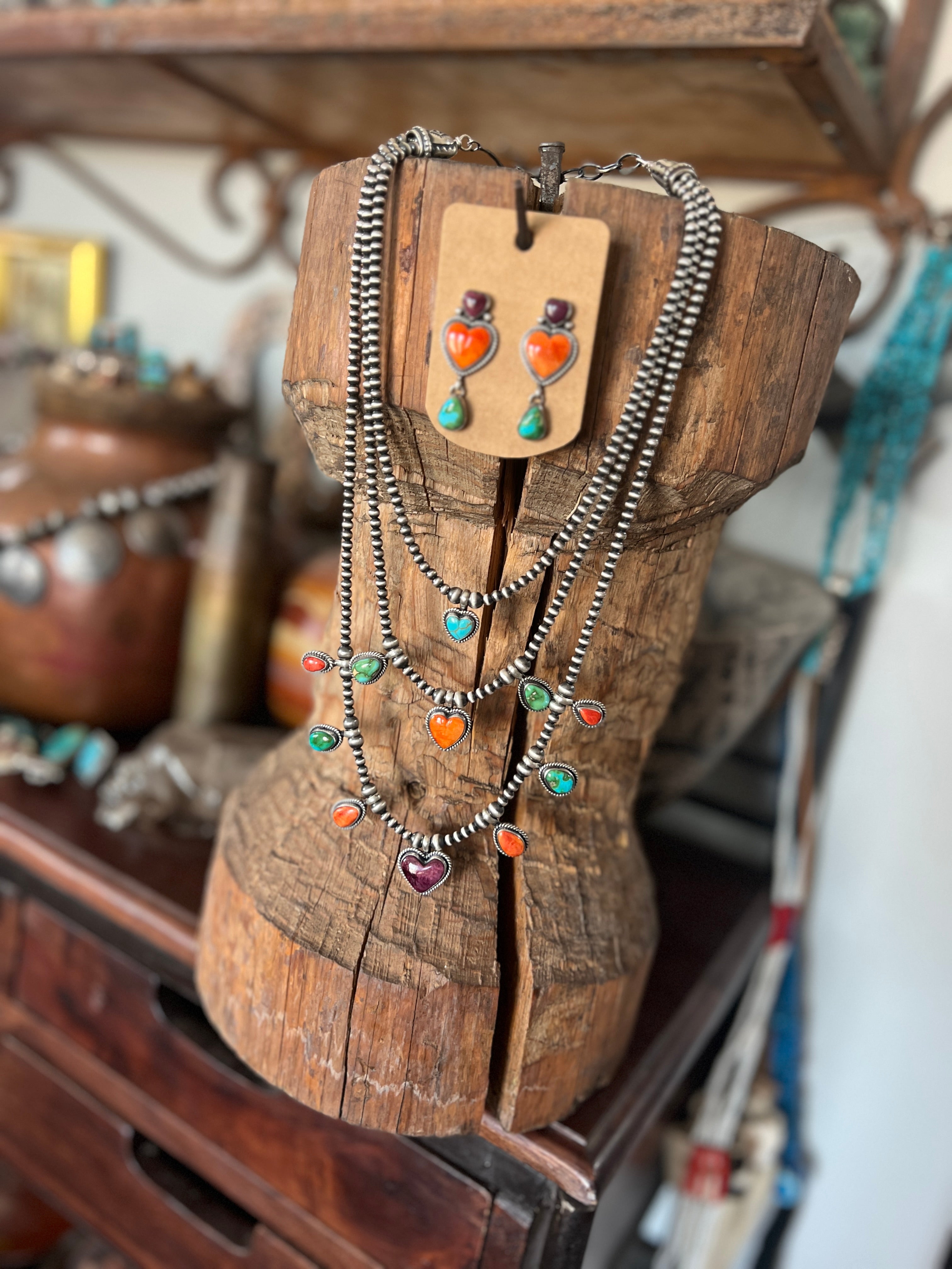 Sterling Silver Electric Rainbow Triple Layer Beaded Drop Heart Necklace & Earrings Set by Loretta Delgarito
