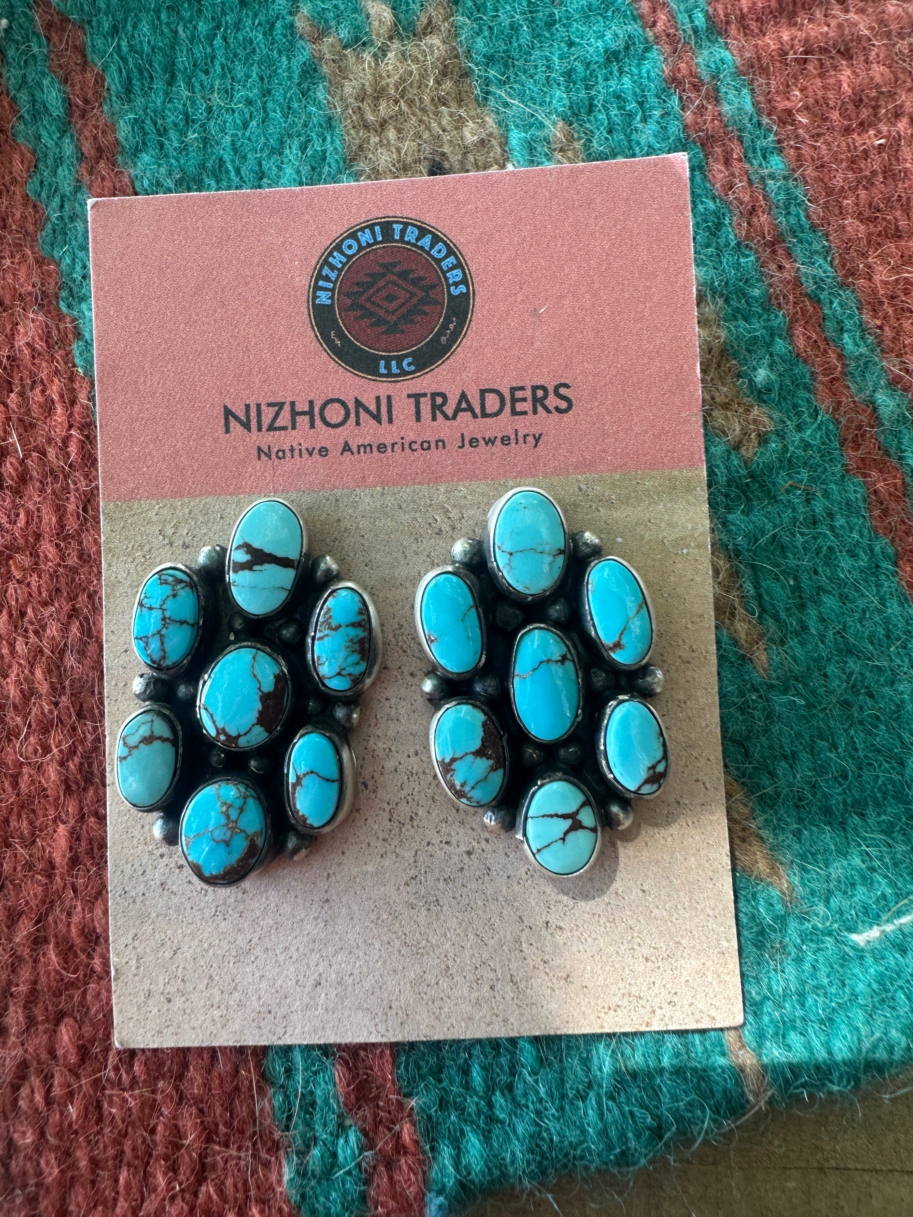 Handcrafted Sterling Silver & Kingman Web Turquoise Cluster Post Earrings