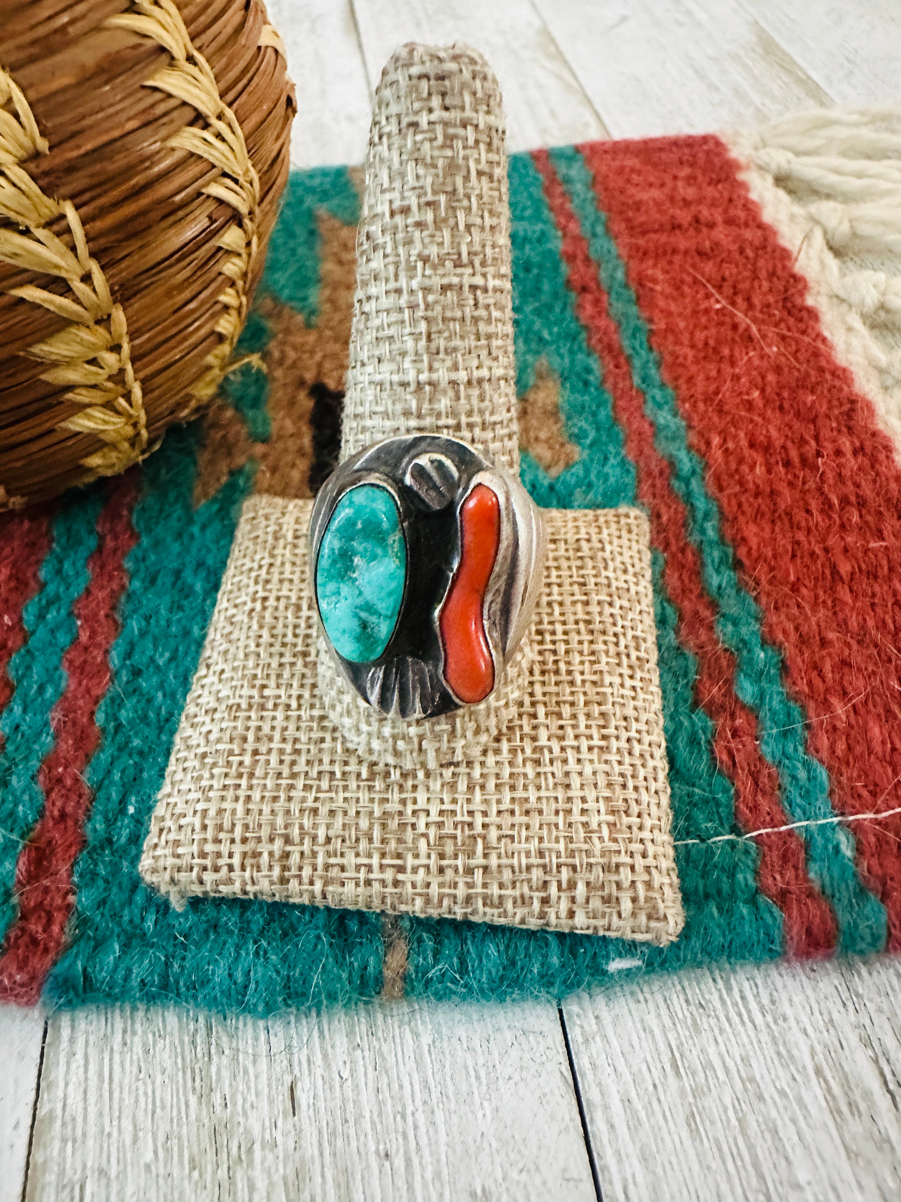 Handcrafted Old Pawn Sterling Silver, Turquoise & Coral Ring Size 11.75