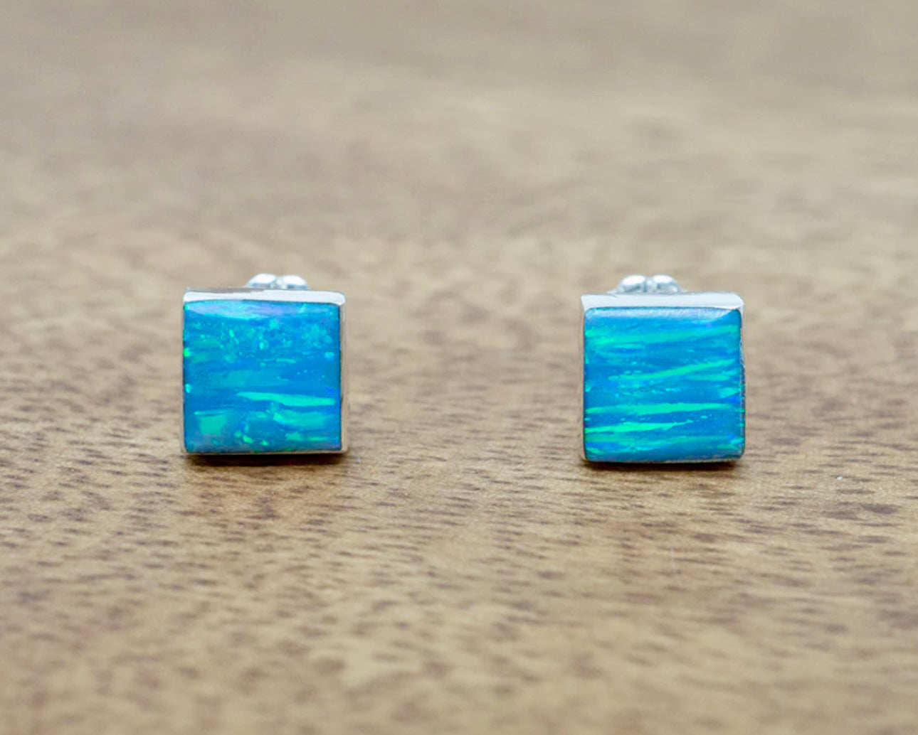 Square Light Blue Opal Studs