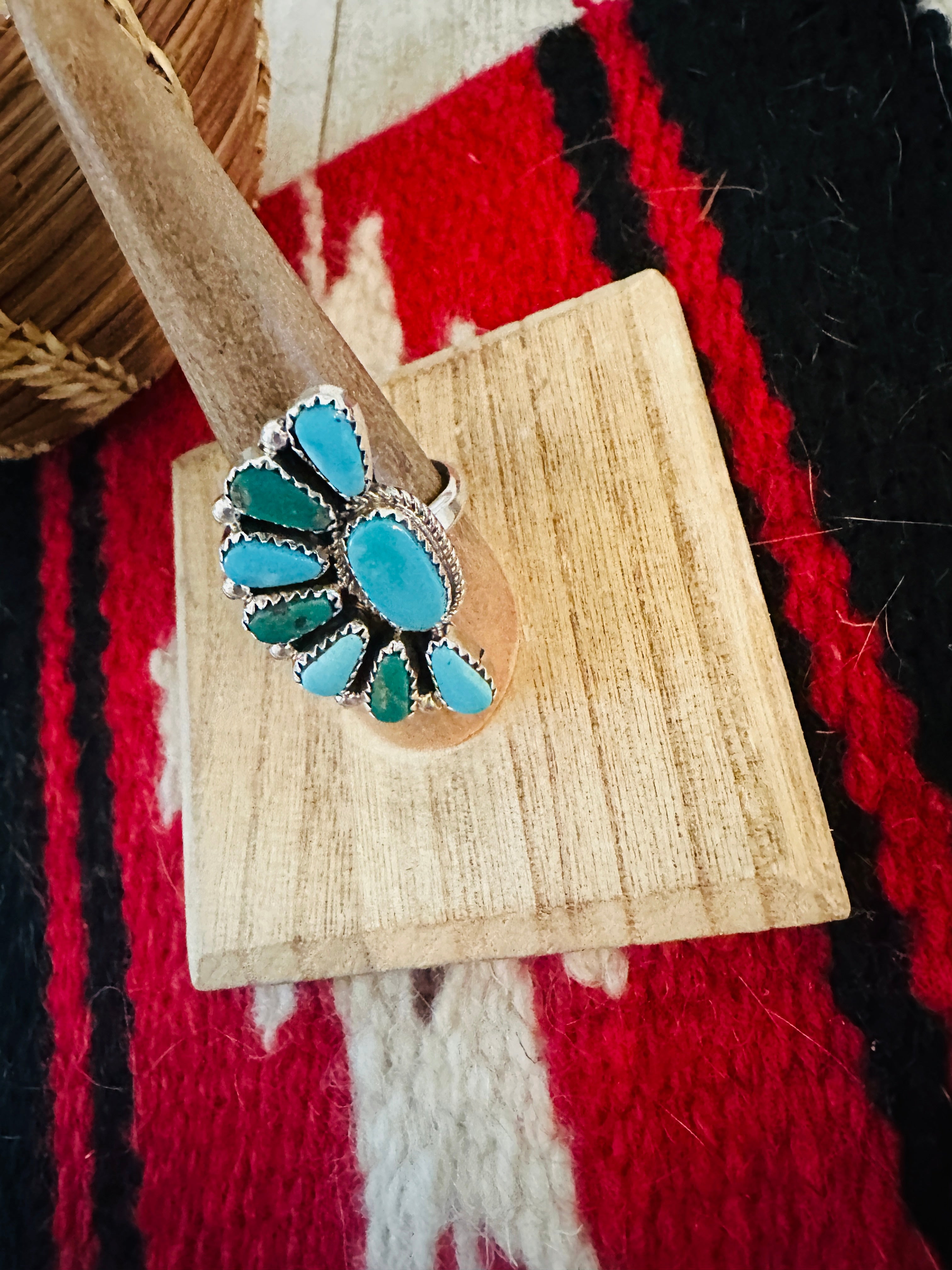 Handcrafted Sterling Silver & Turquoise Cluster Adjustable Ring