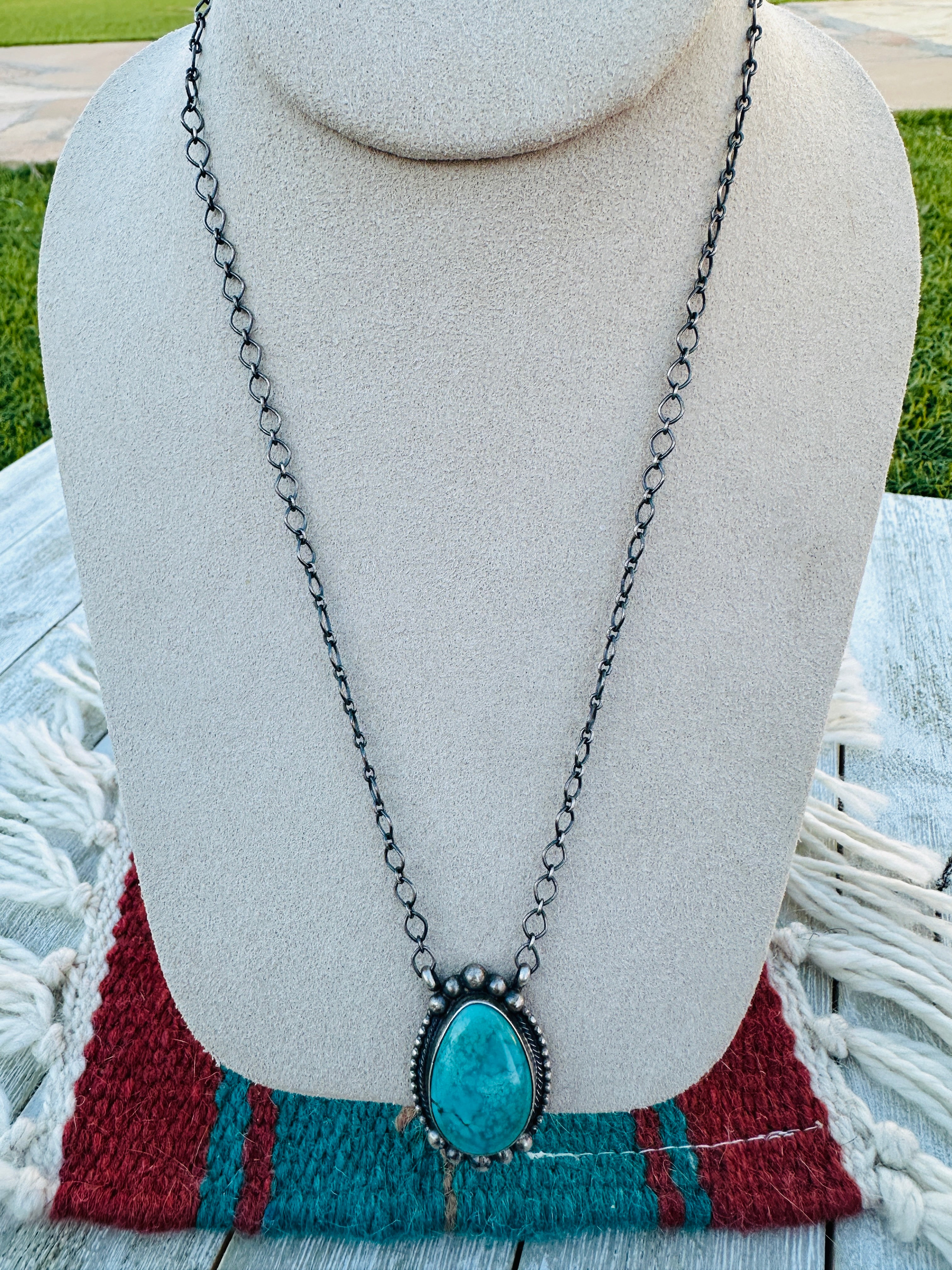 Handcrafted Sterling Silver 18” Link Chain & Turquoise Necklace