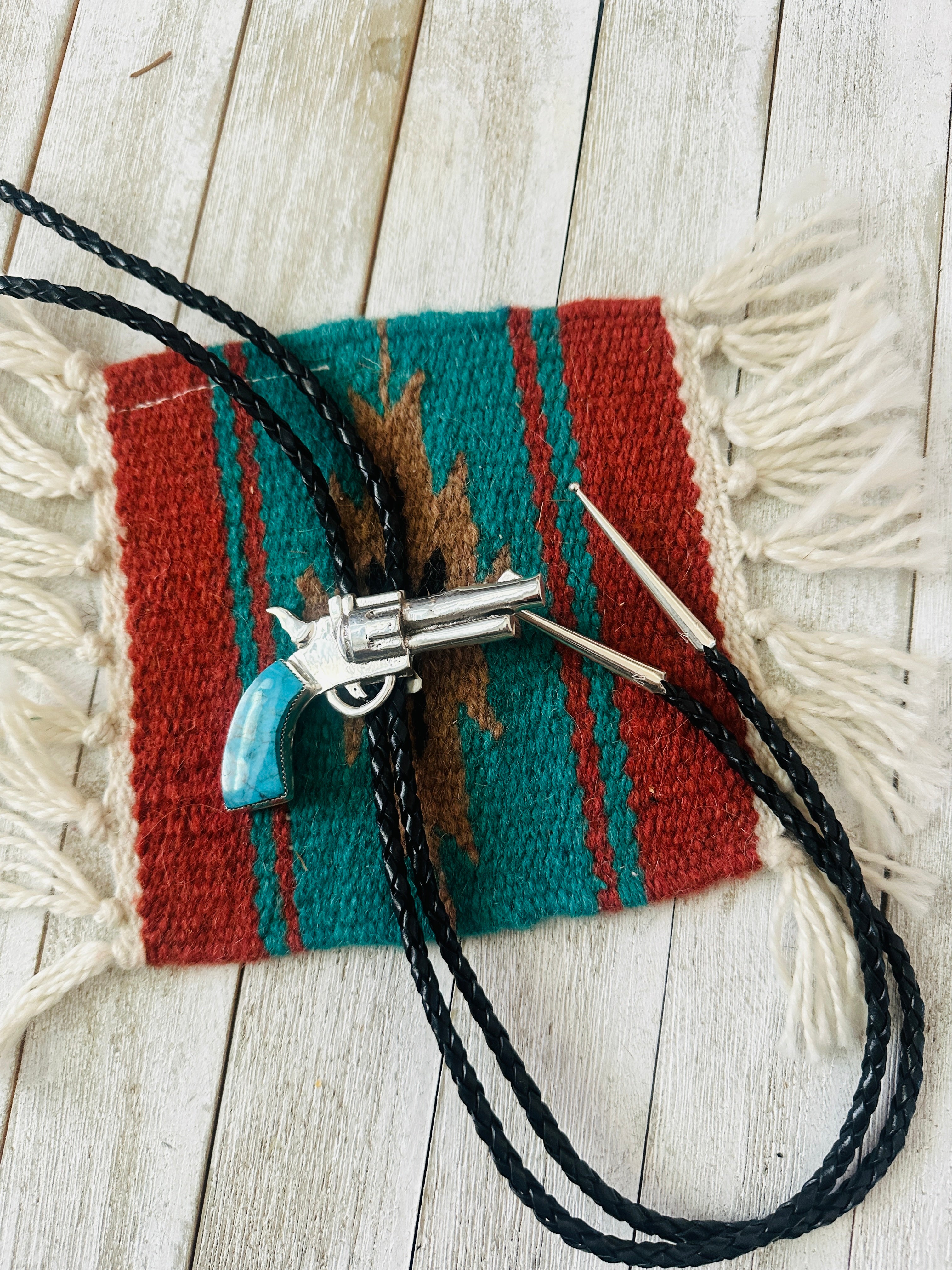 Handcrafted Sterling Silver & Turquoise Pistol Bolo Tie