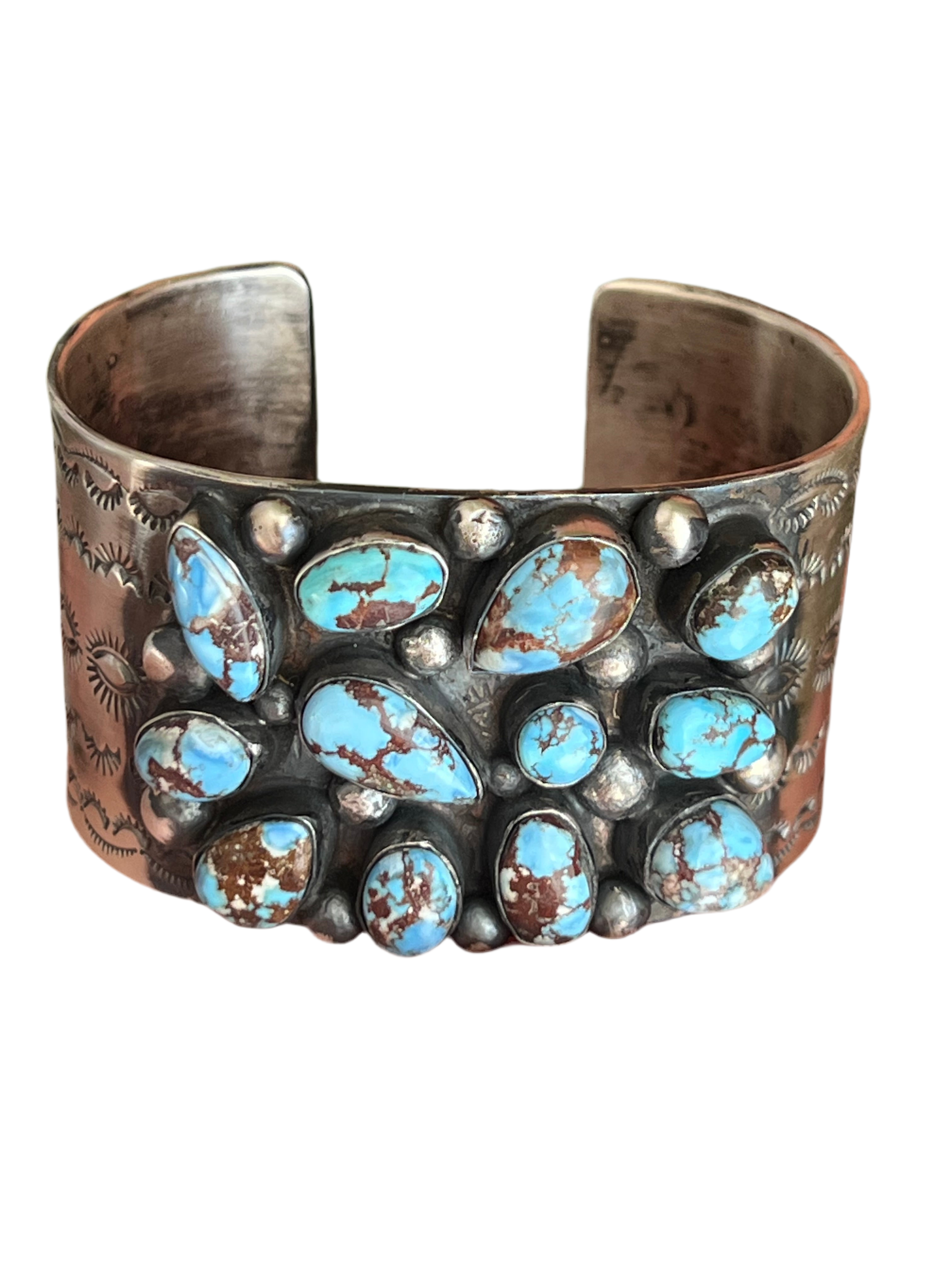 Handcrafted Stamped Sterling Silver and Golden Hills Turquoise Cuff Bracelet by Jennifer Garcia for Chimney Butte /