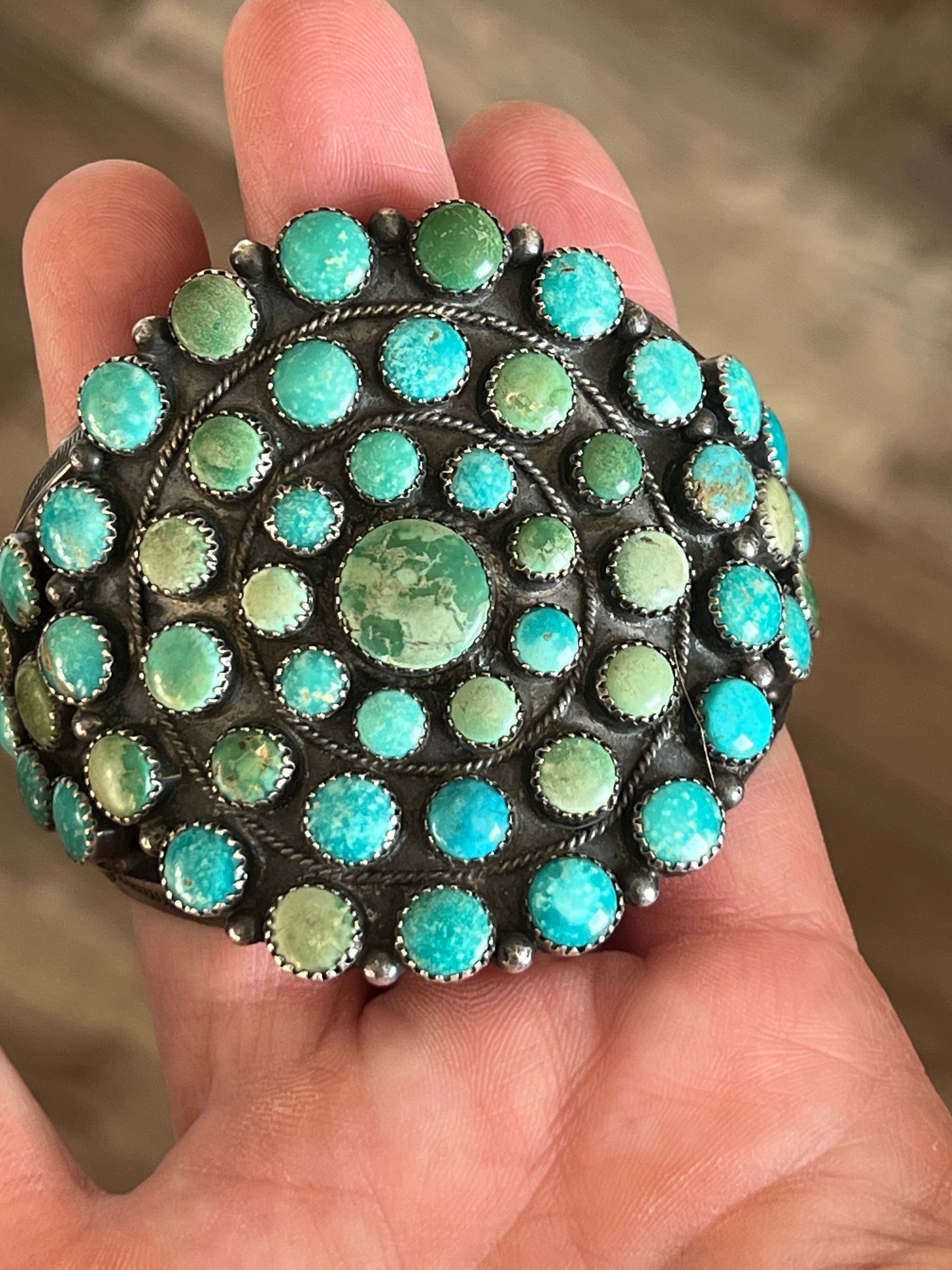 Handcrafted Vintage Sterling Silver and Fox Turquoise Cluster Cuff /