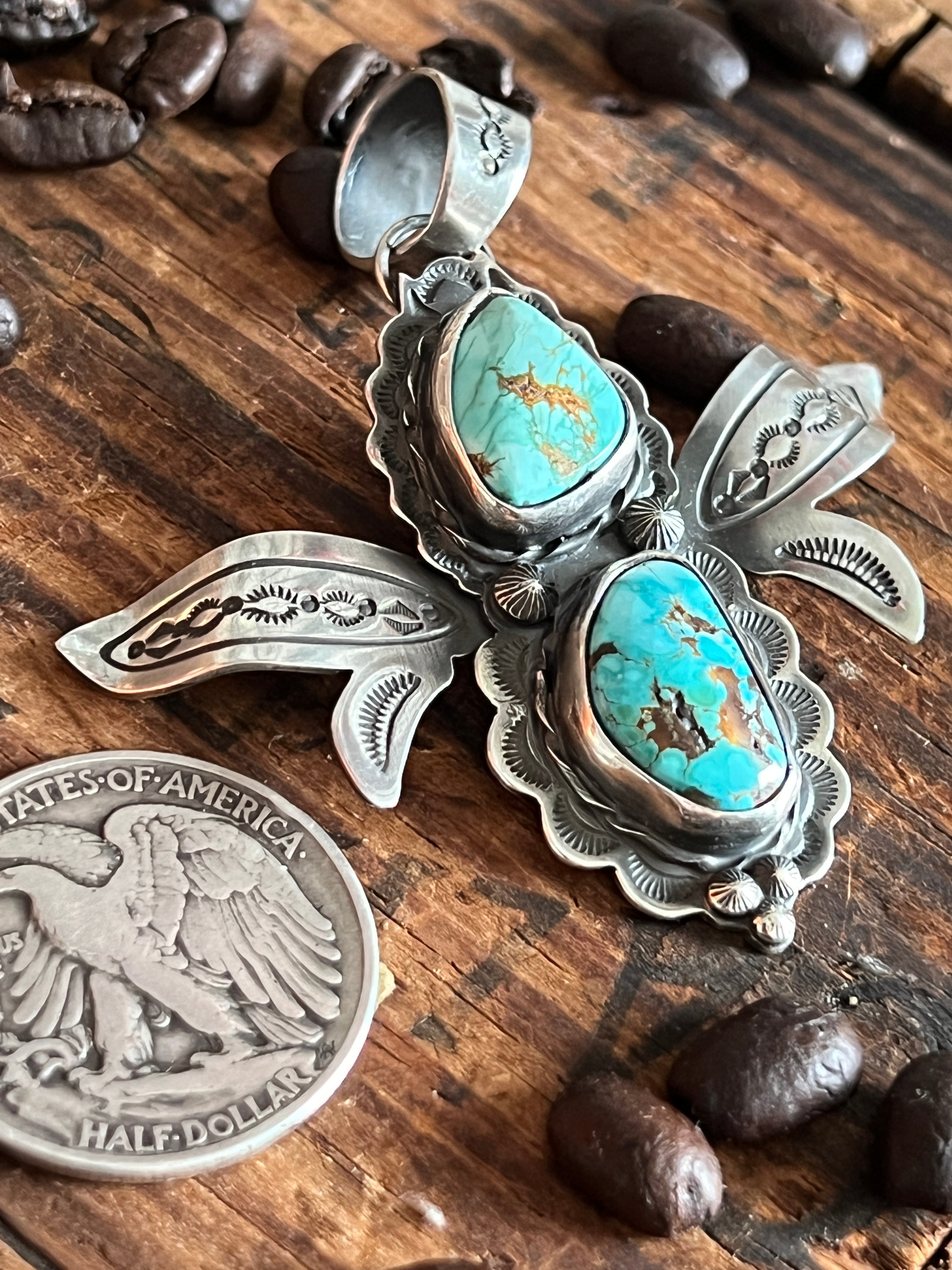 Kimari Somers Hand Stamped Sterling Silver and Turquoise Winged Bug Pendant