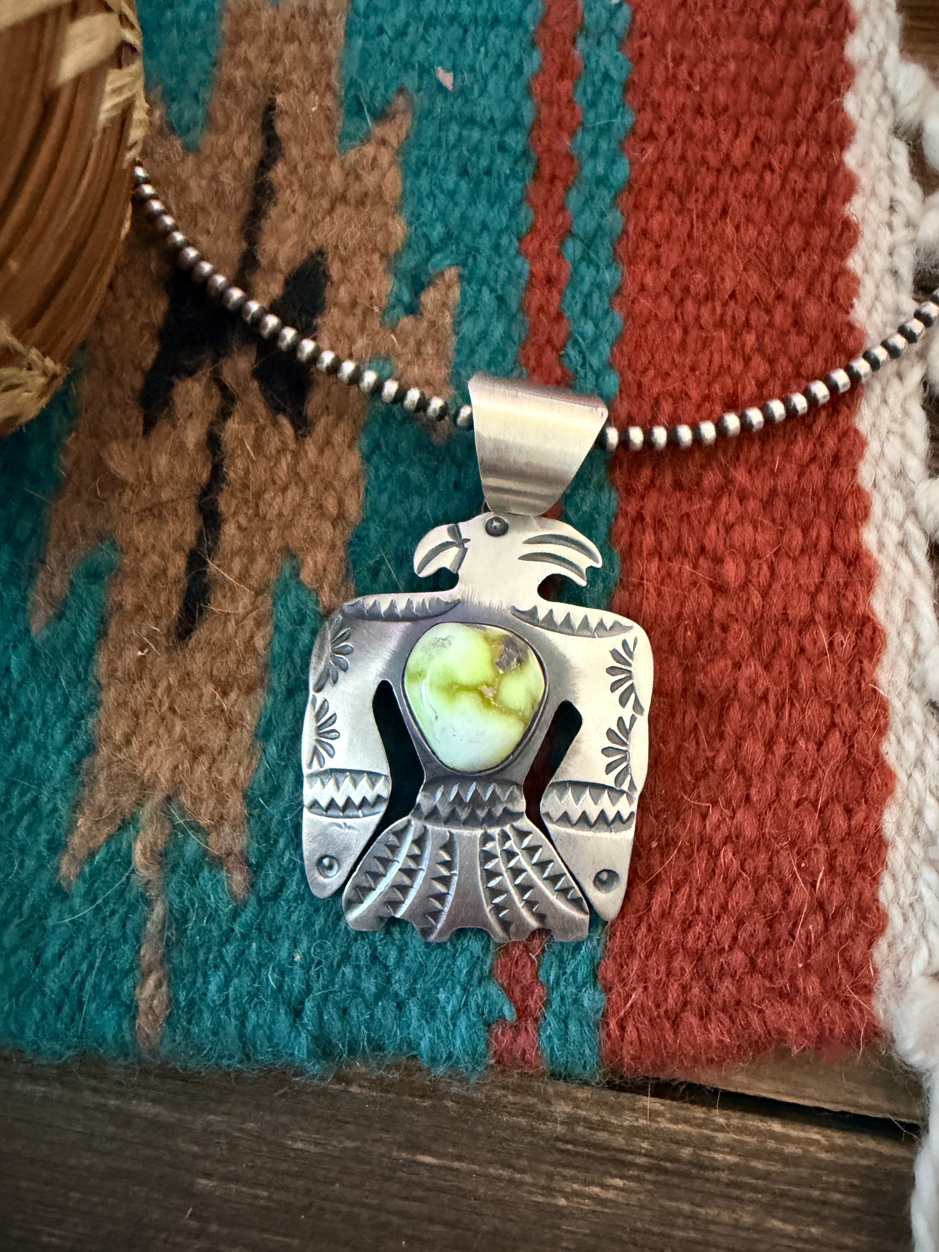 Handcrafted Sterling Silver & Palomino Turquoise Thunderbird Pendant by Chimney Butte
