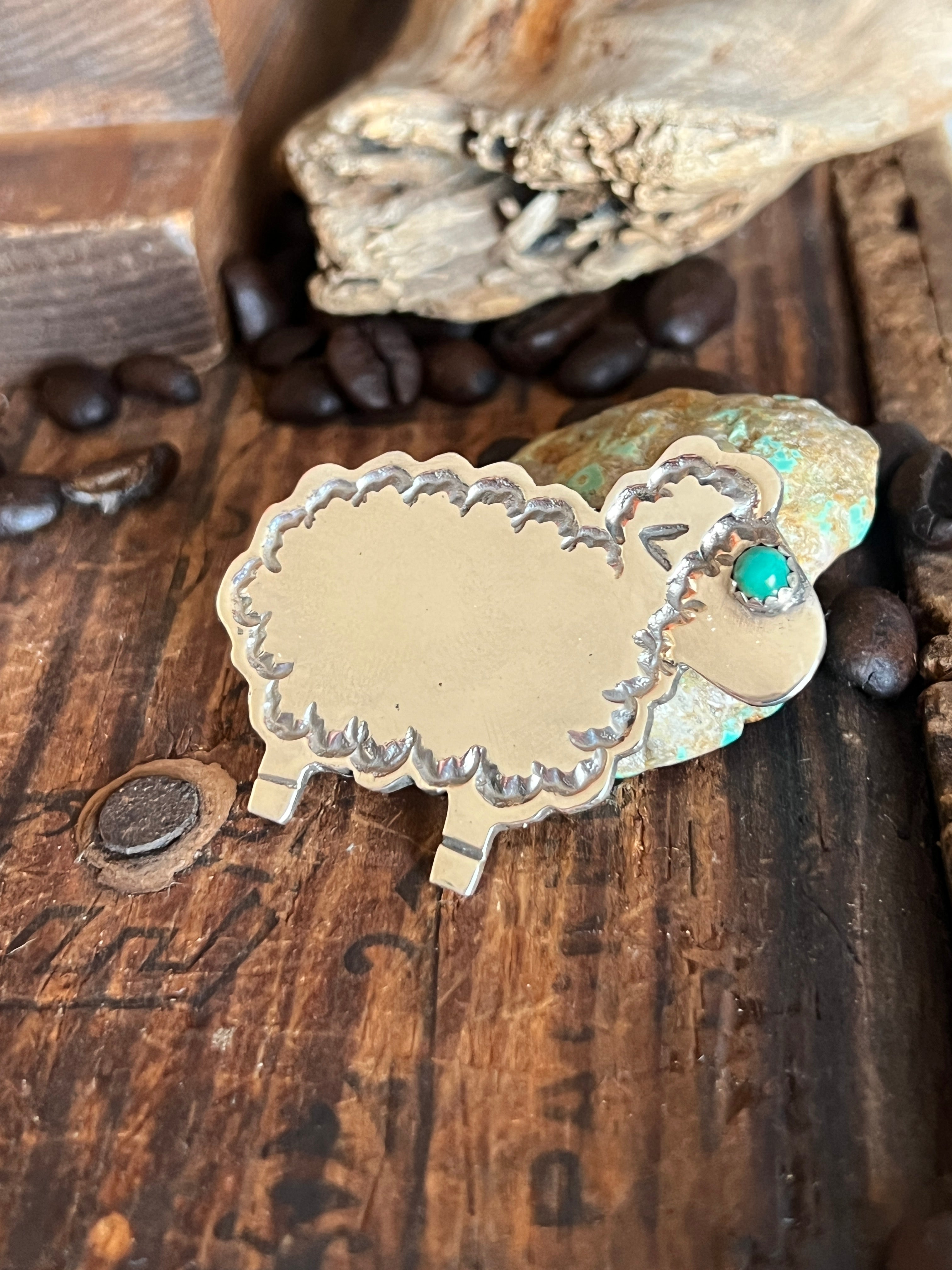 Hand Stamped Sterling Silver and Turquoise Sheep Brooch by Robby Manuelito