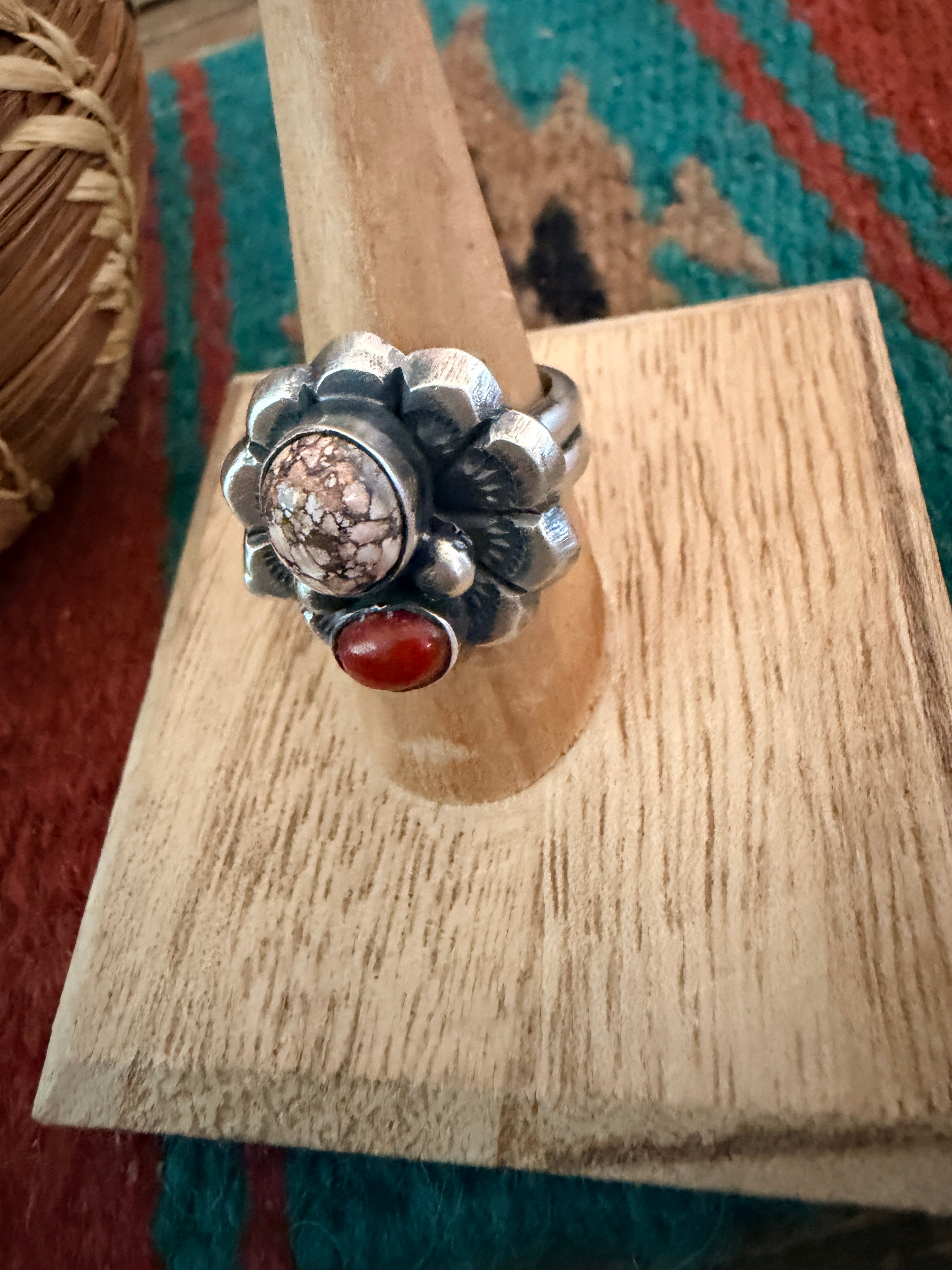 Handcrafted Coral, Wild Horse and Sterling Silver Flower Ring size 8 by Chimney Butte