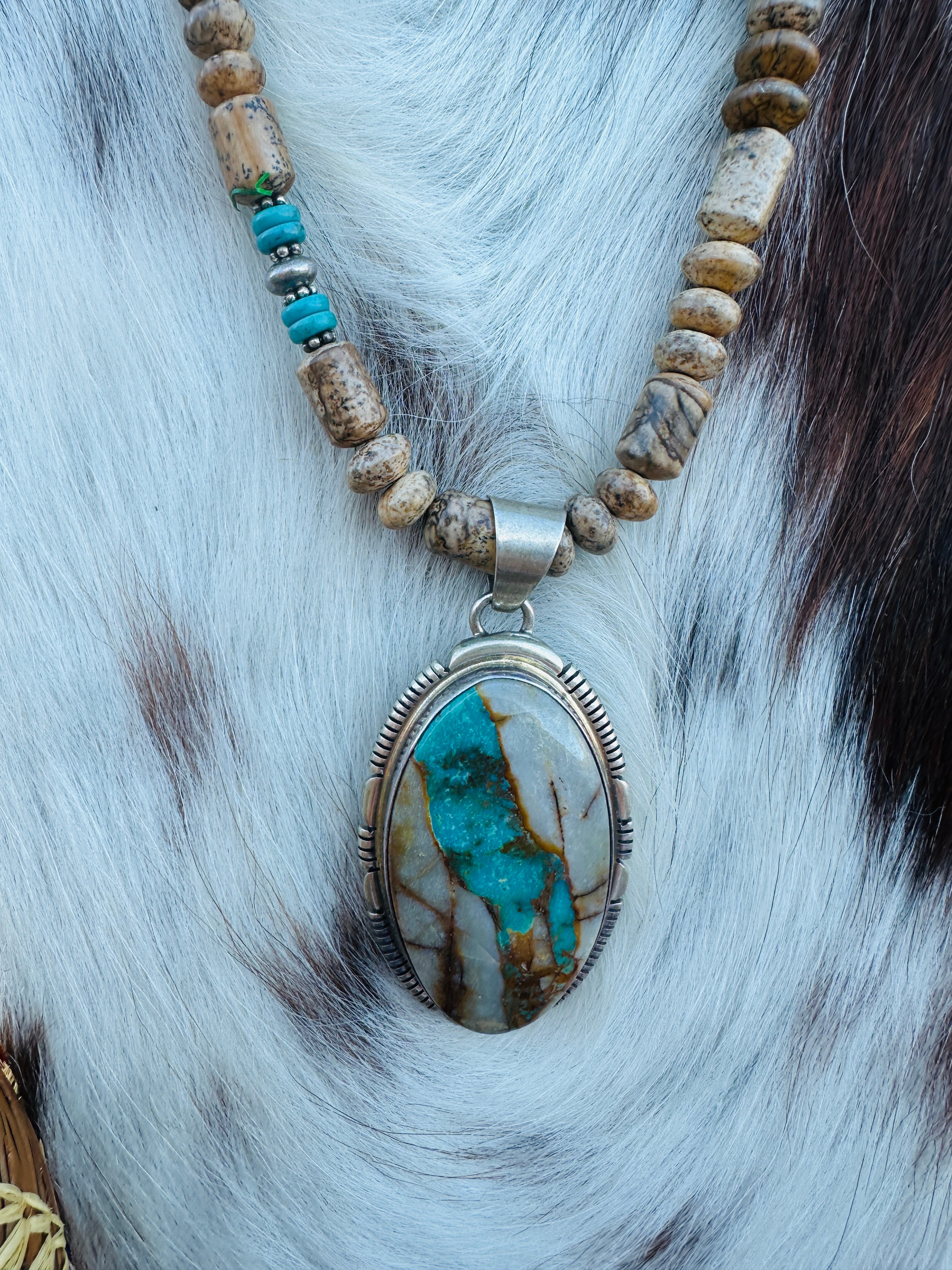 Old Pawn Handcrafted Turquoise, Jasper & Sterling Silver Beaded 16” Necklace