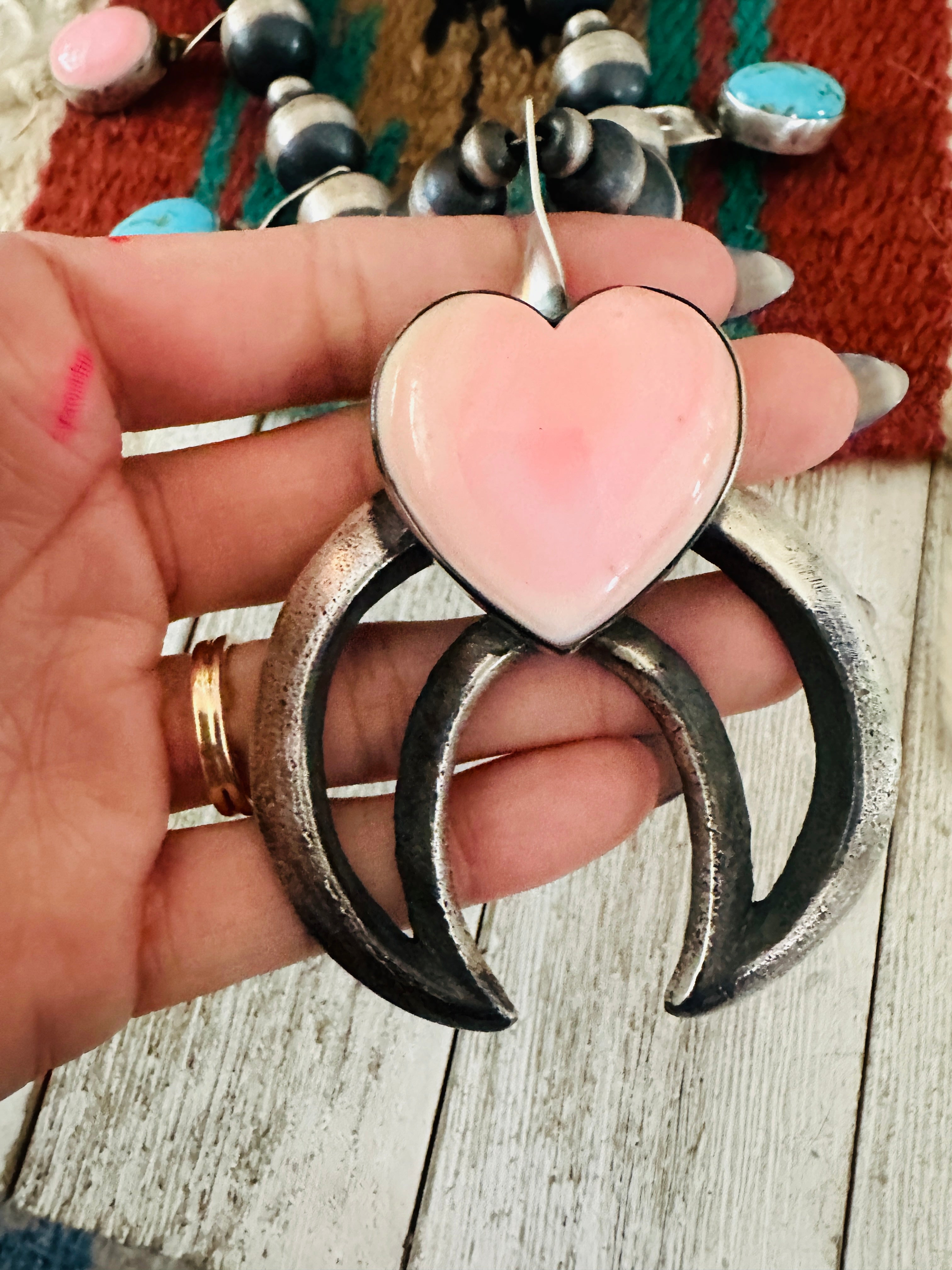 Handcrafted Queen Pink Conch, Turquoise & Sterling Silver Beaded Squash Blossom Necklace by Chimney Butte