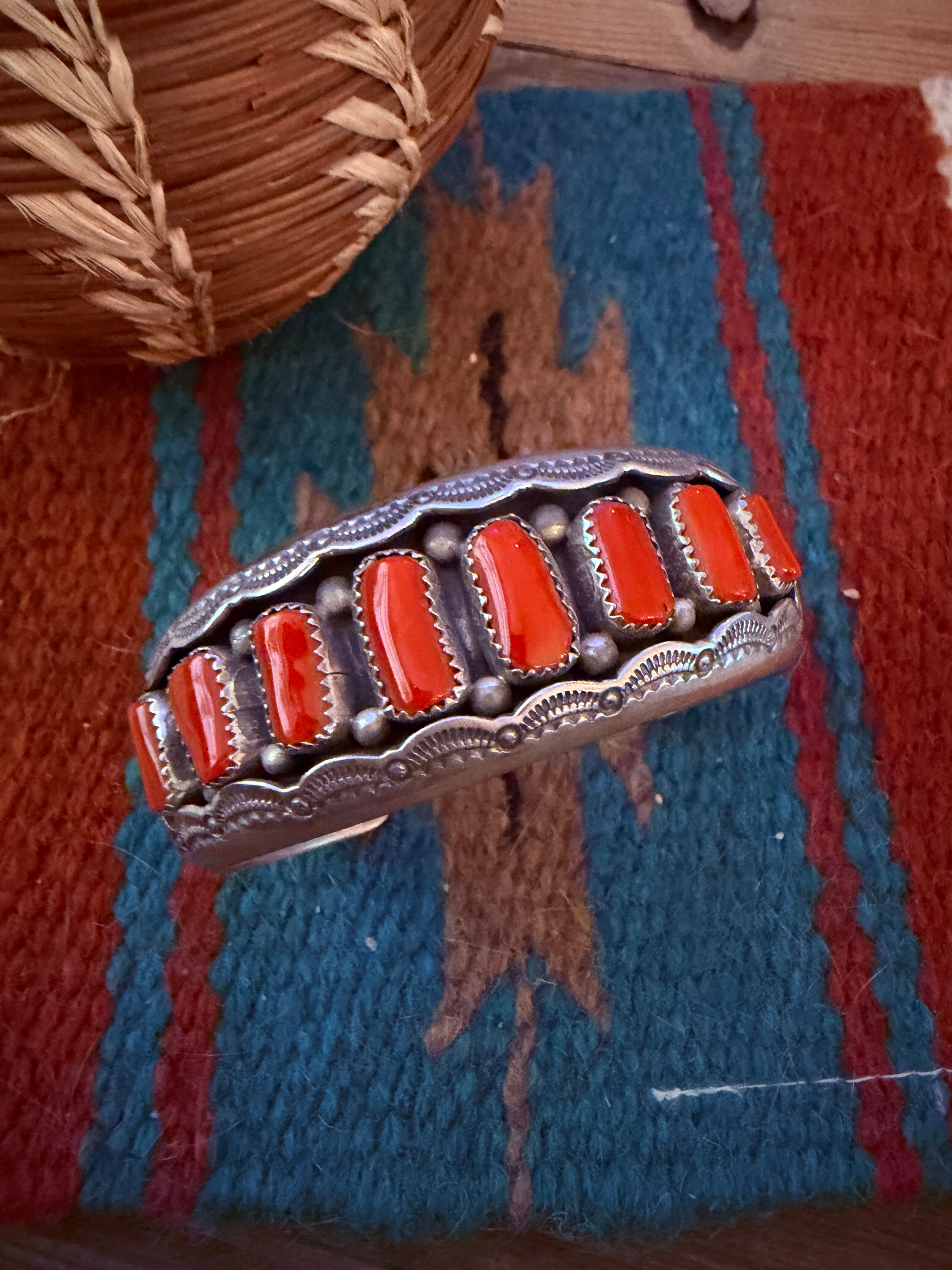 Handcrafted Old Pawn Sterling Silver & Coral Needlepoint Cuff Bracelet