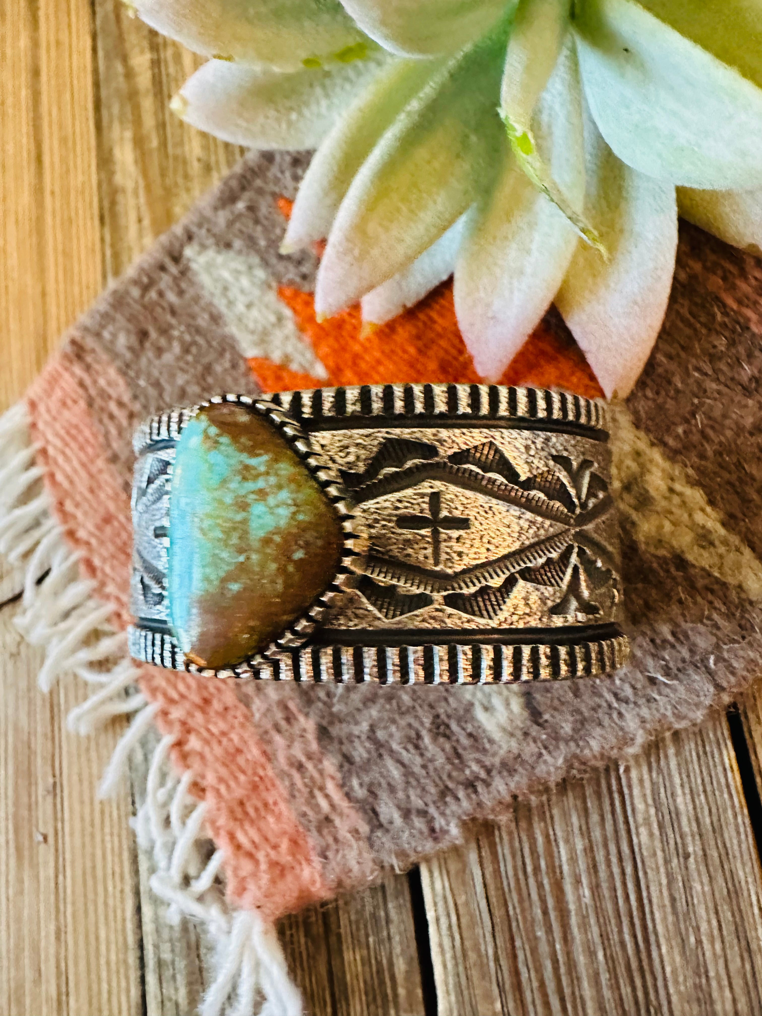 Handcrafted Royston Turquoise & Sterling Silver Tufa Cast Cuff Bracelet Signed