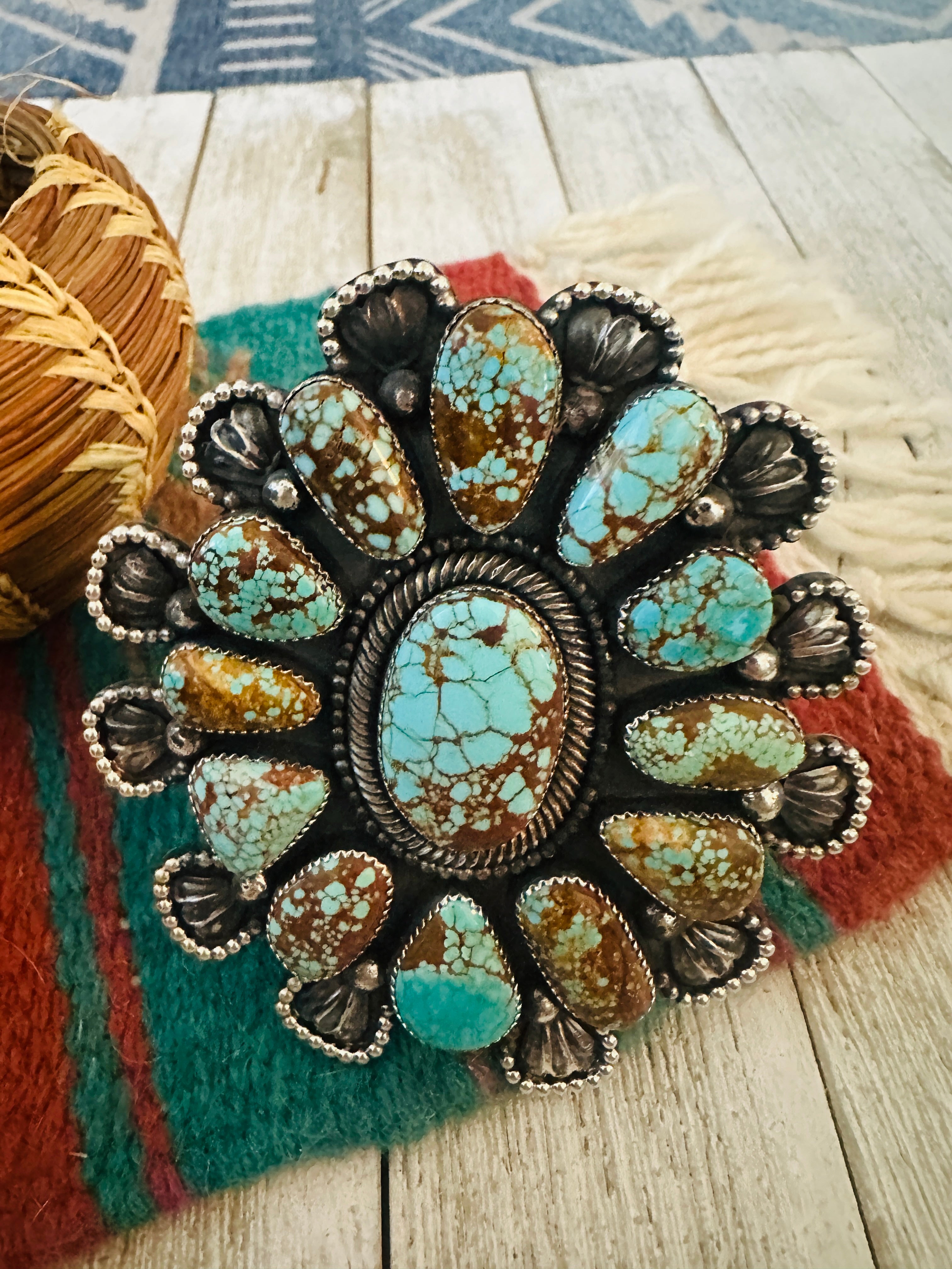 Sterling Silver & Number 8 Turquoise Cluster Cuff Bracelet /