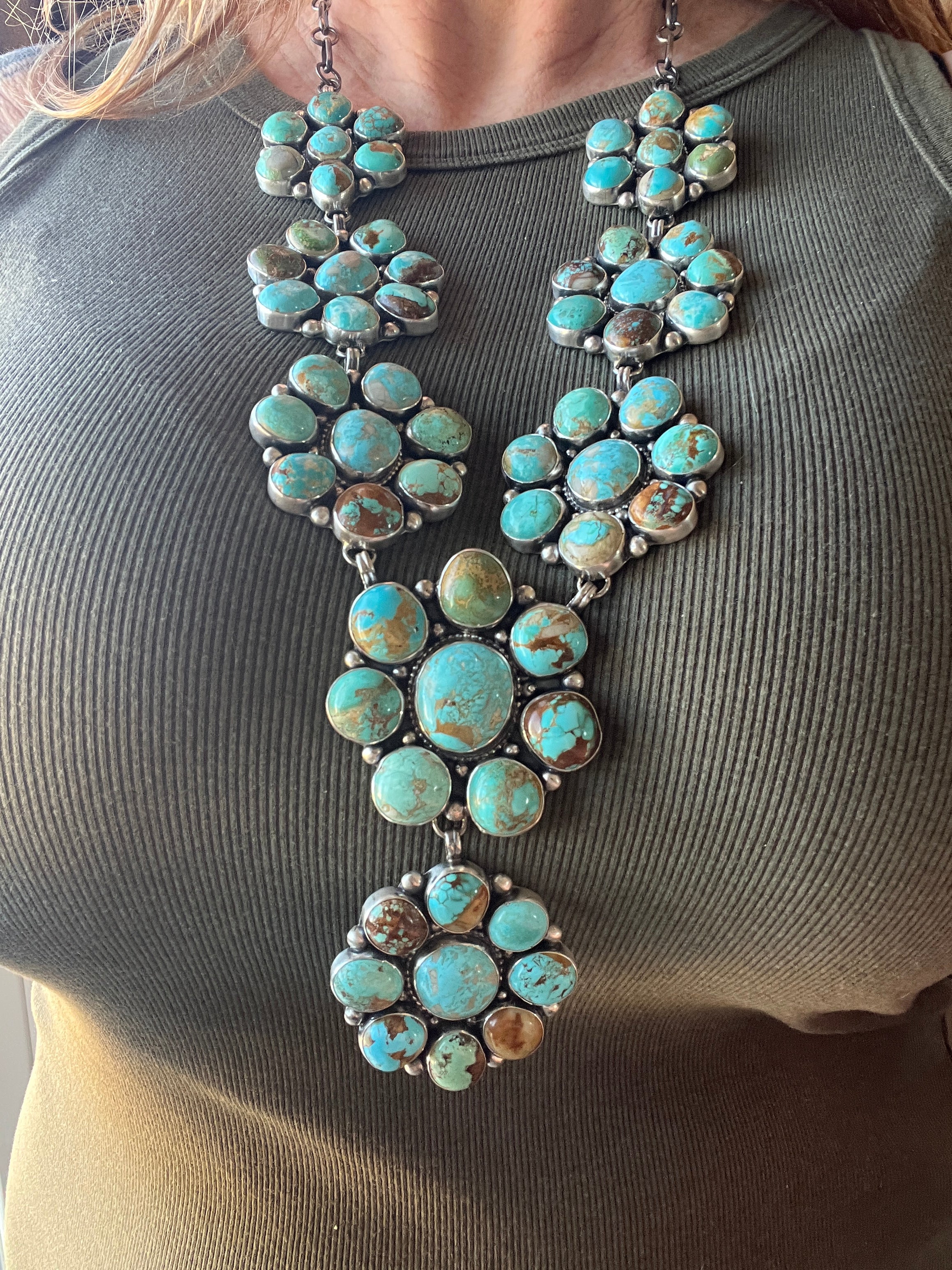Handcrafted Big Mama Sterling Silver and Royston Turquoise Cluster Necklace with Matching Earrings by Sheila Becenti