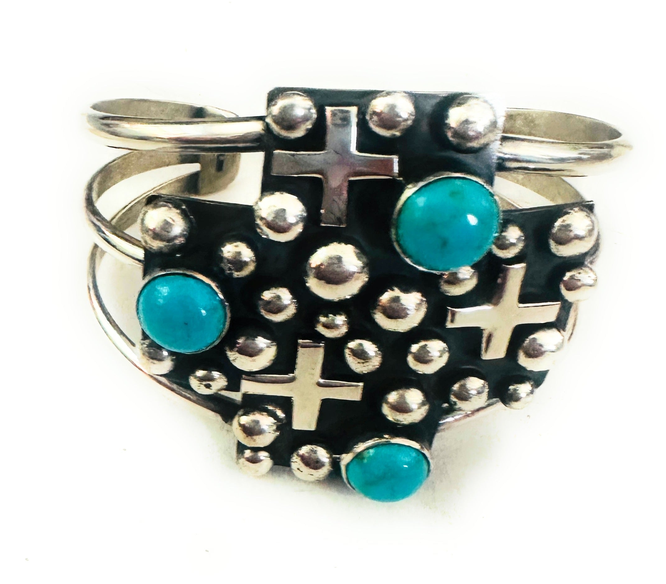 Navajo Turquoise & Sterling Silver Cross Cuff Bracelet By Chimney Butte /