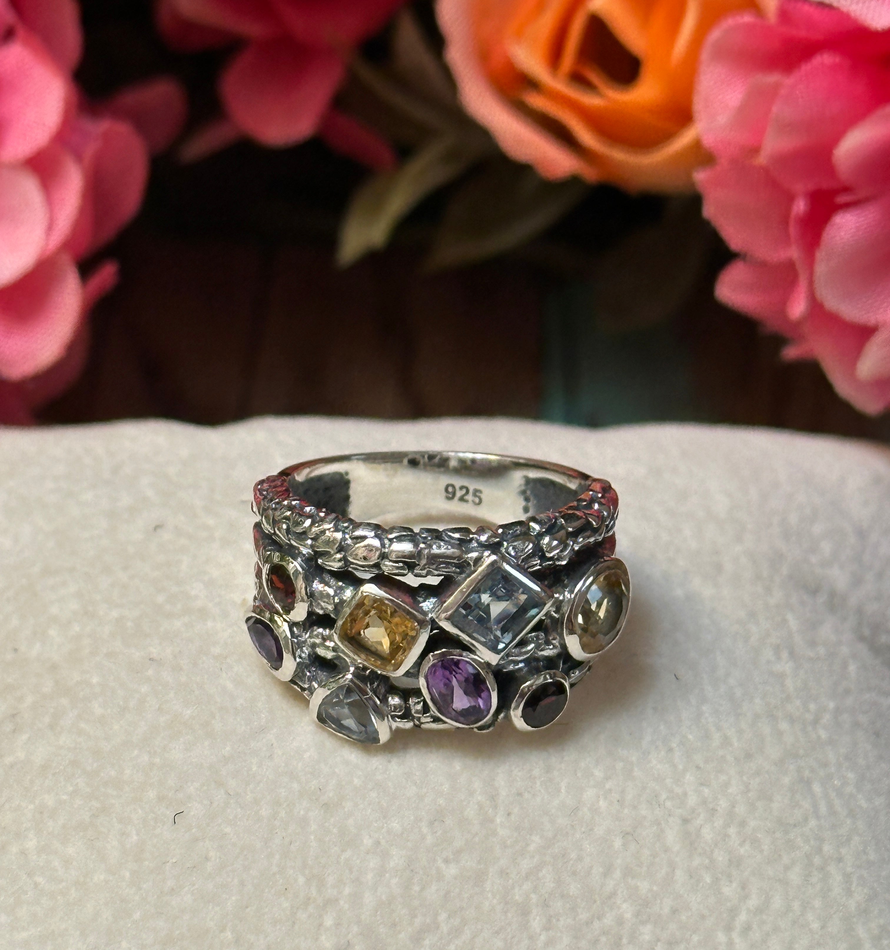 Sterling Silver Amethyst, Blue Topaz, Citrine, & Garnet Ring Size 6.5