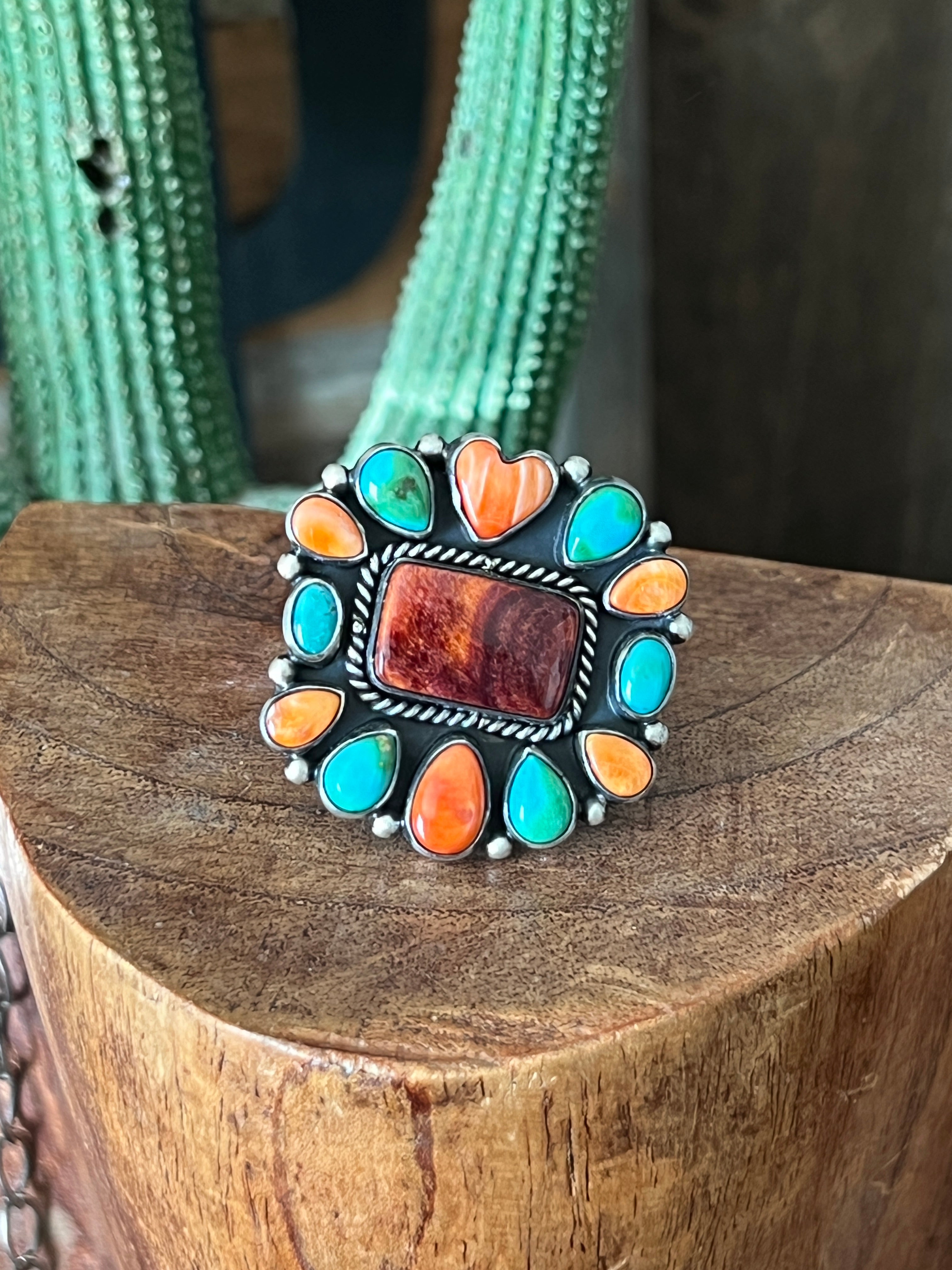 Navajo Electric Rainbow Turquoise and Spiny Oyster Ring by Angela Martin and Bernyse Chavez, Size 7.5-8