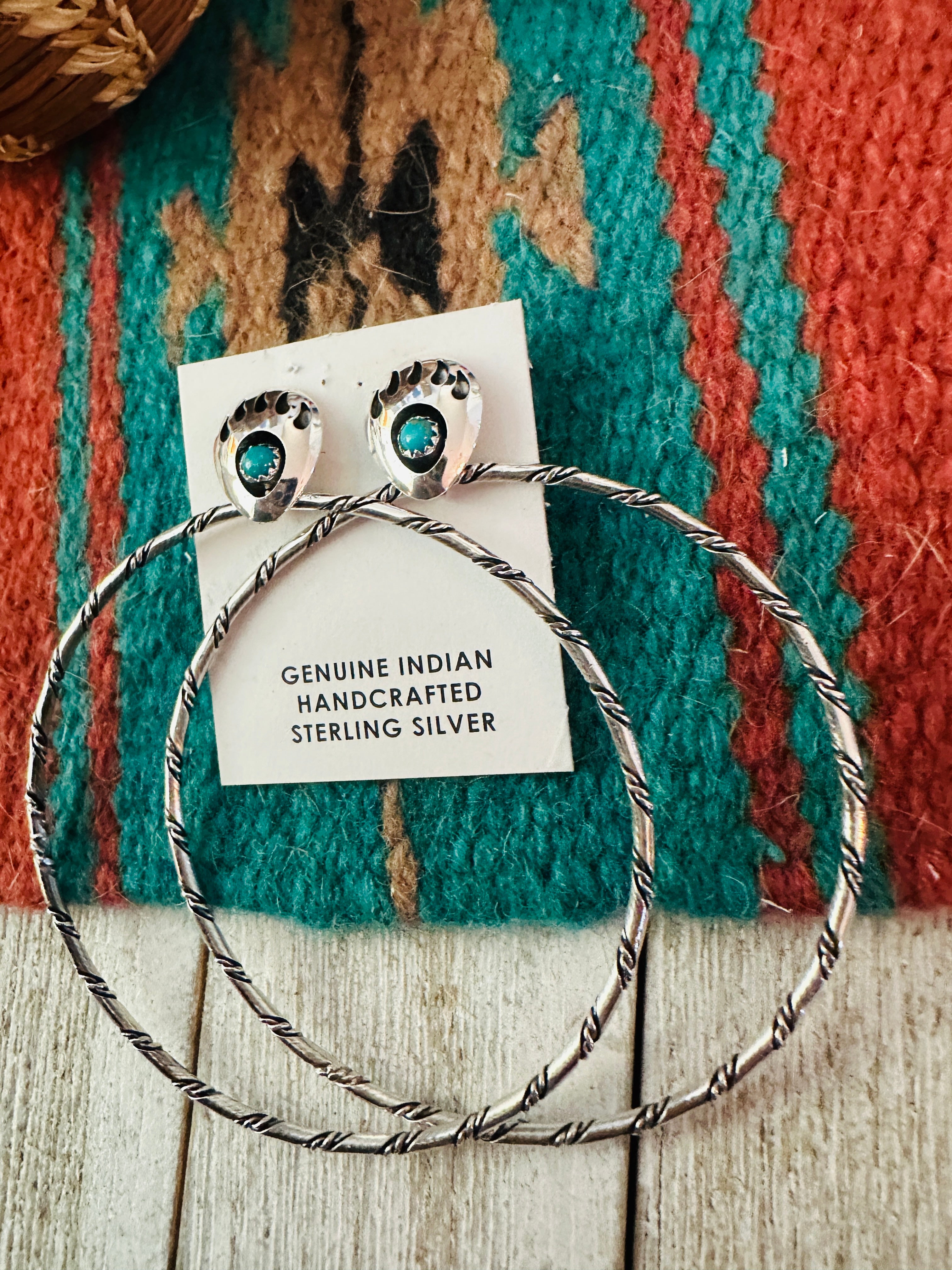 Handcrafted Turquoise & Sterling Silver Bear Paw Hoop Earrings