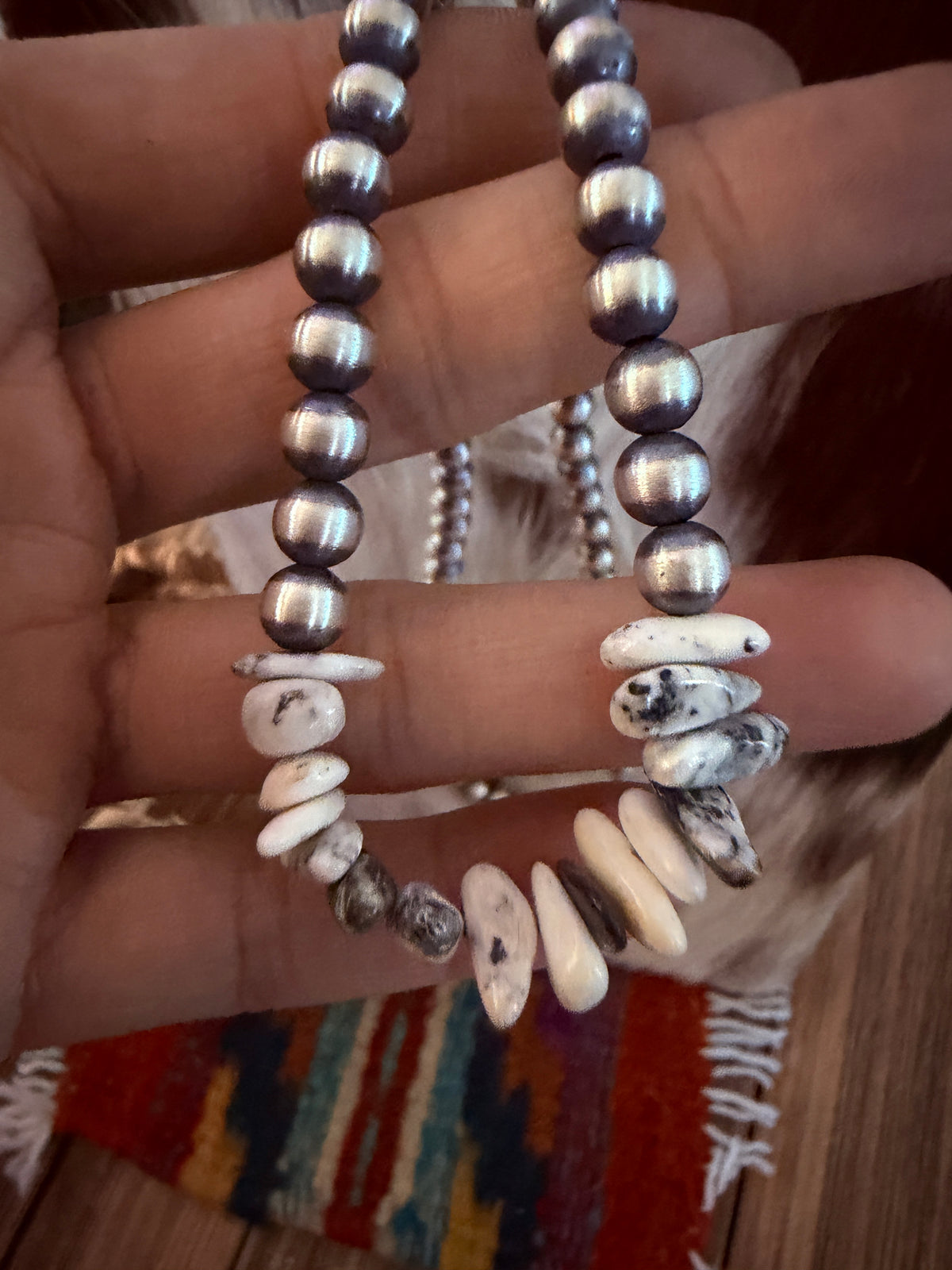 Handcrafted White Buffalo & Sterling Silver Pearl 20” Beaded Necklace