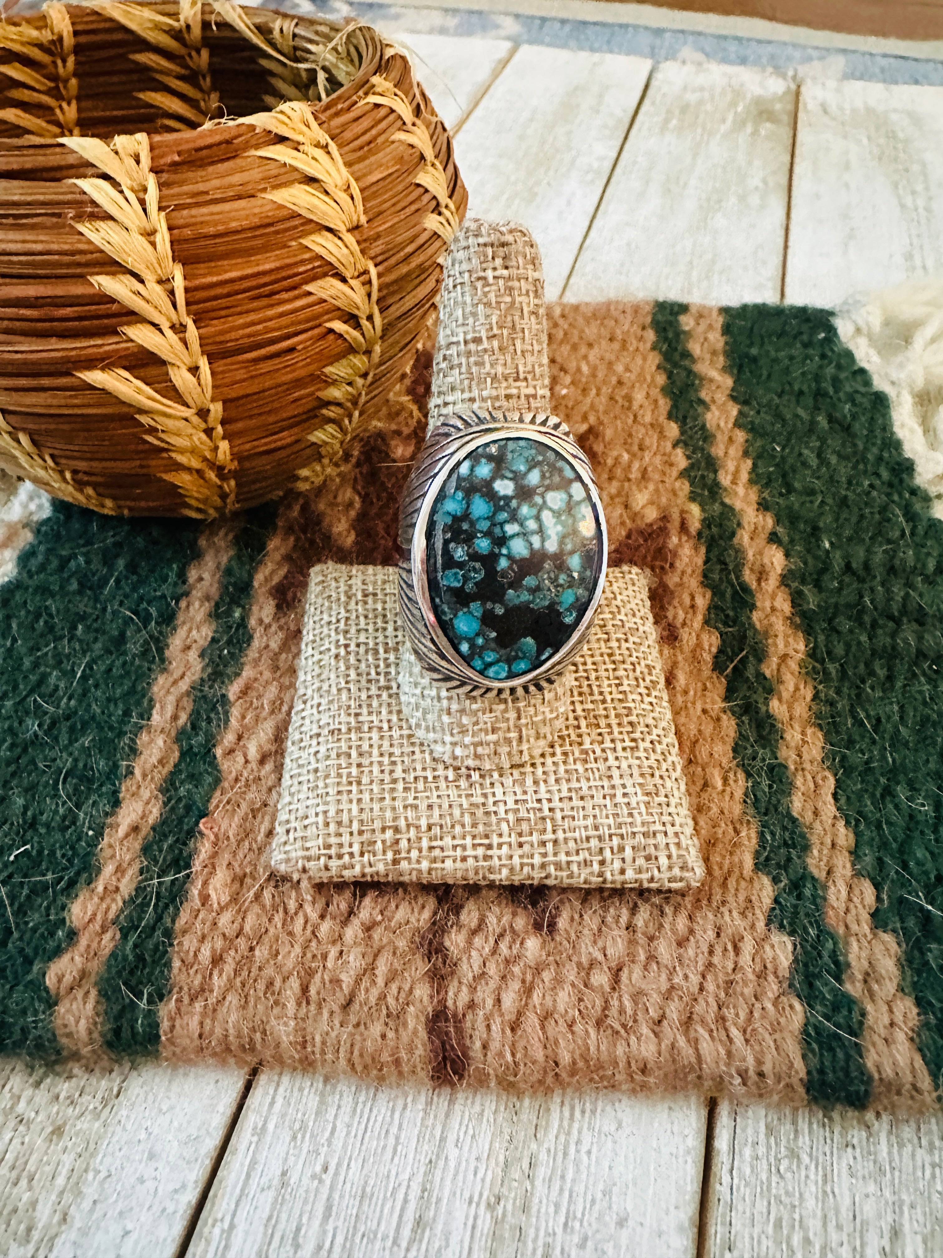 Old Pawn Handcrafted Sterling Silver & Kingman Web Turquoise Men’s Ring Size 9.25