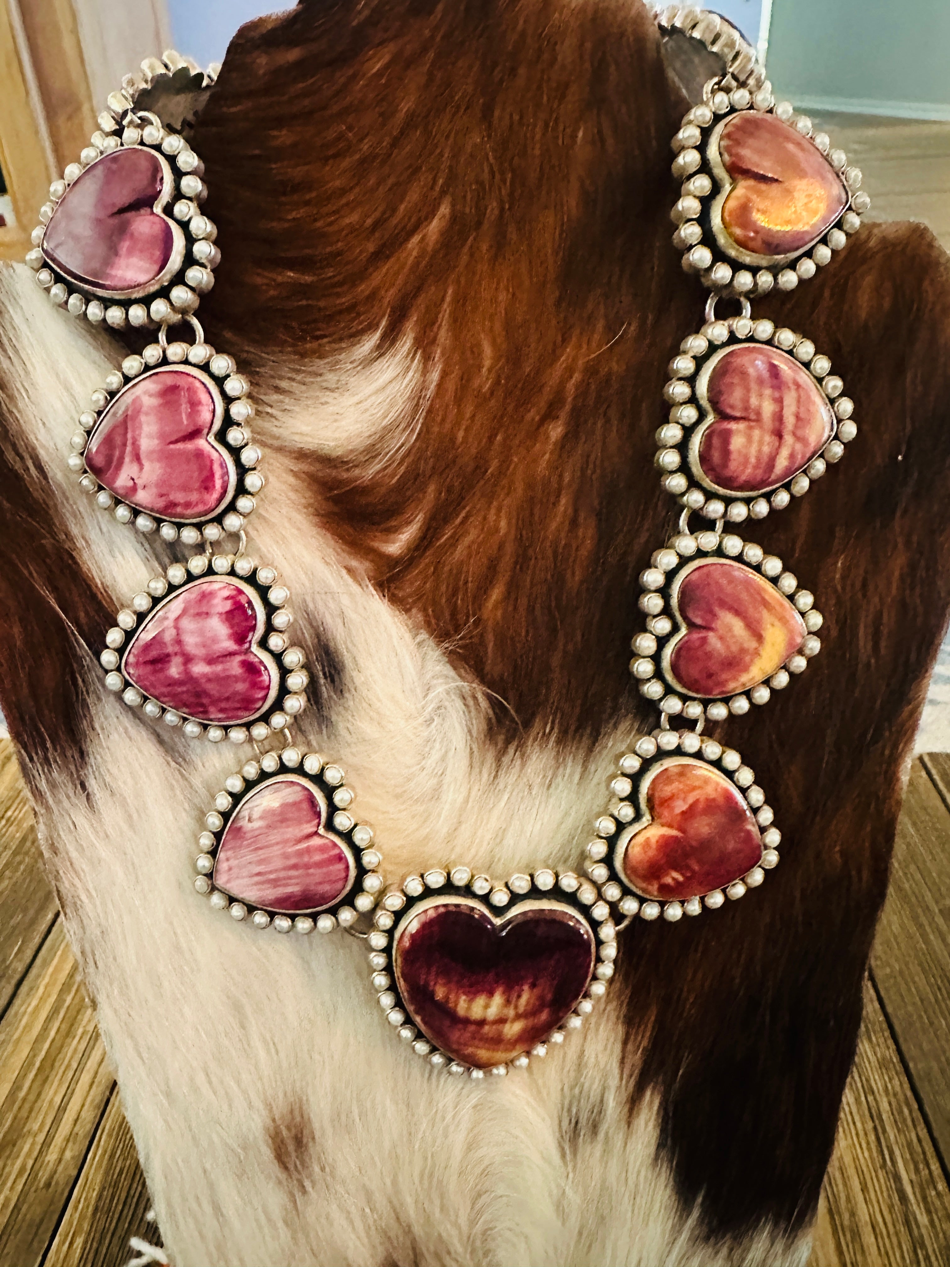 Handcrafted Purple Spiny, Mother of Pearl & Sterling Silver Heart Necklace by Federico Jimenez