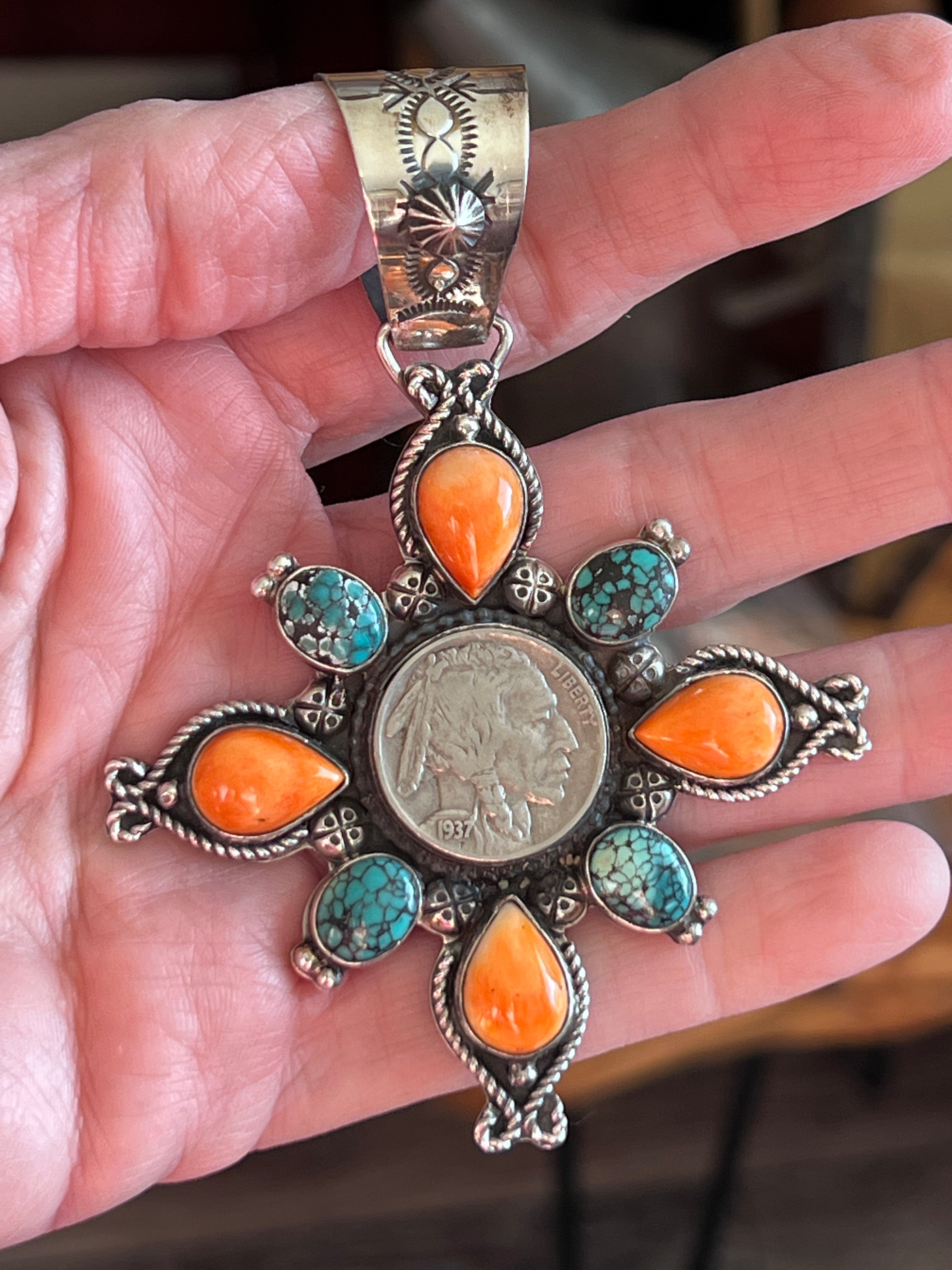 Rosella Paxson Sterling Silver, Buffalo Nickel, Hubei Turquoise & Spiny Oyster Cluster Pendant