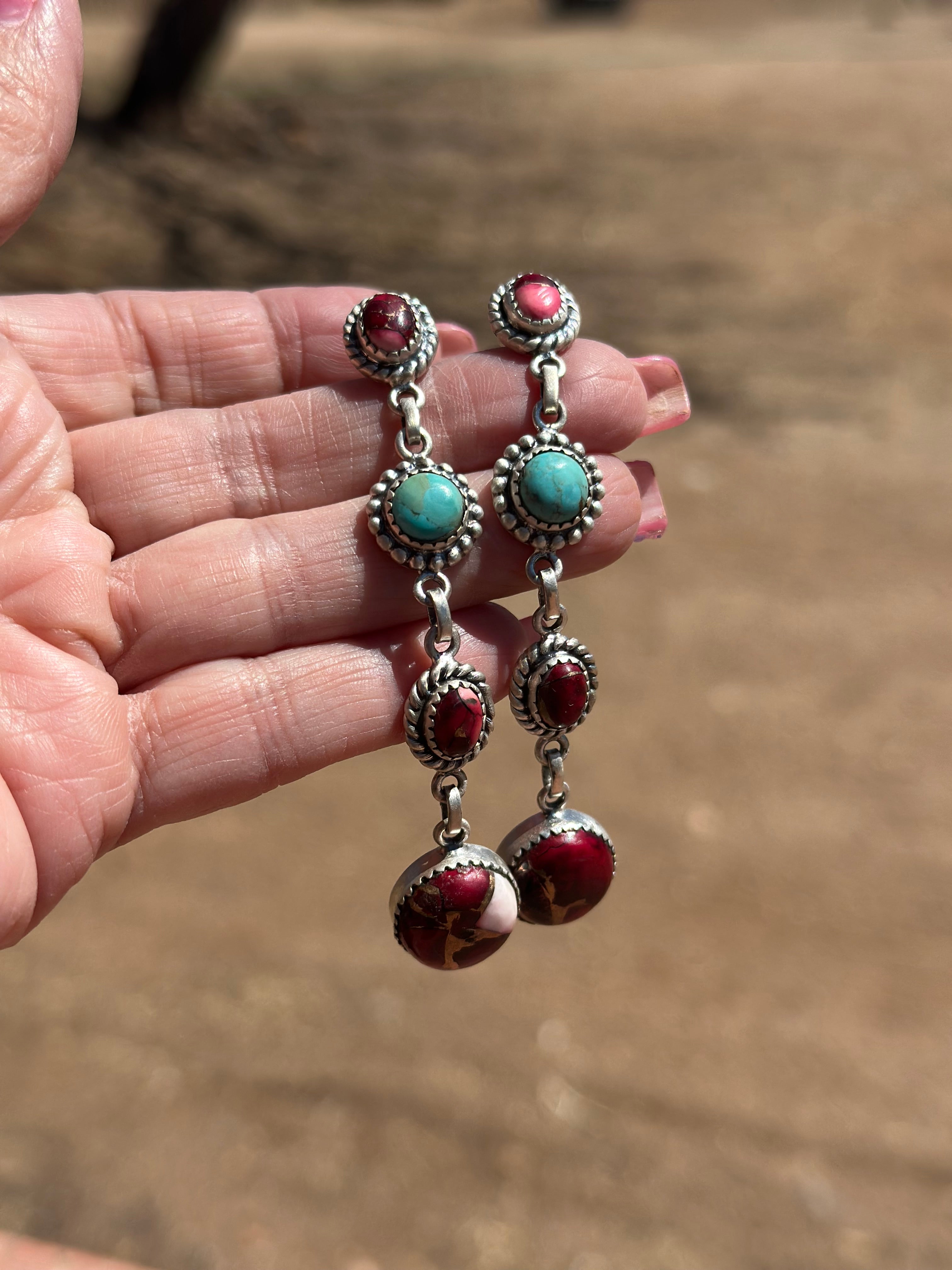 Dahlia Rose & Turquoise Handmade Sterling Silver 4 Stone Dangles