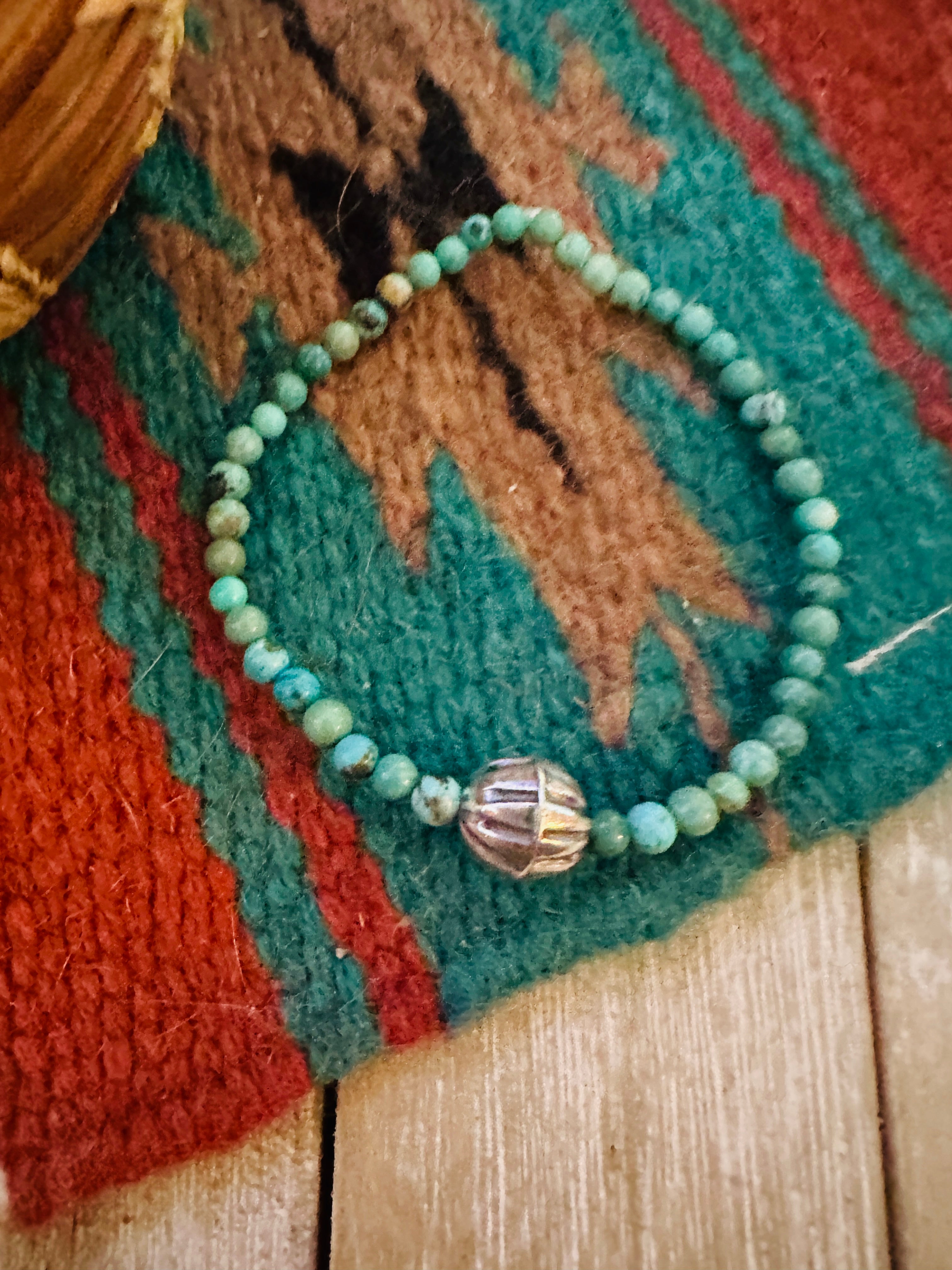 Handcrafted Turquoise & Sterling Silver Beaded Stretch Bracelet