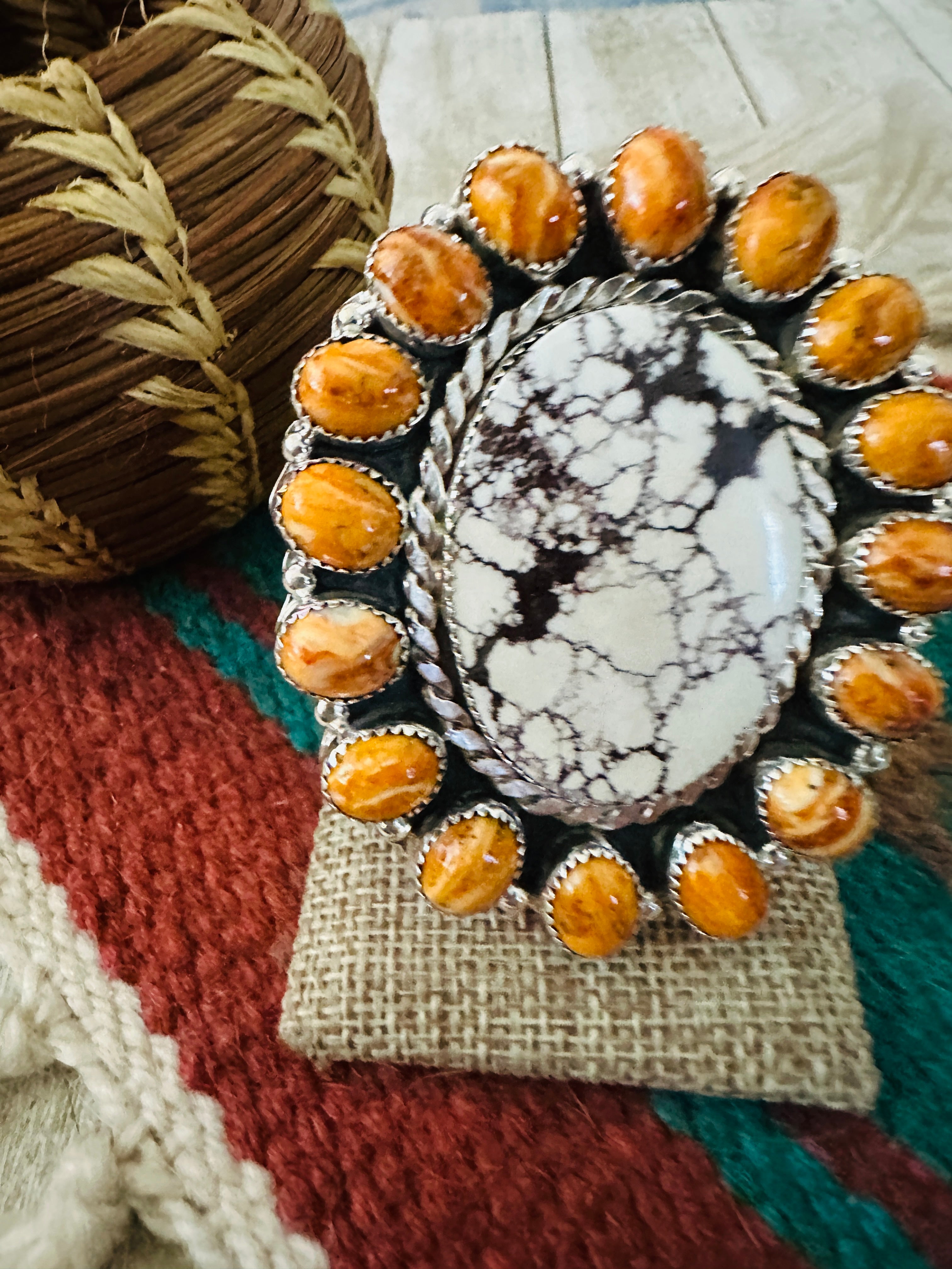 Handcrafted Wild Horse, Spiny Oyster & Sterling Silver Cluster Ring Size 9.5