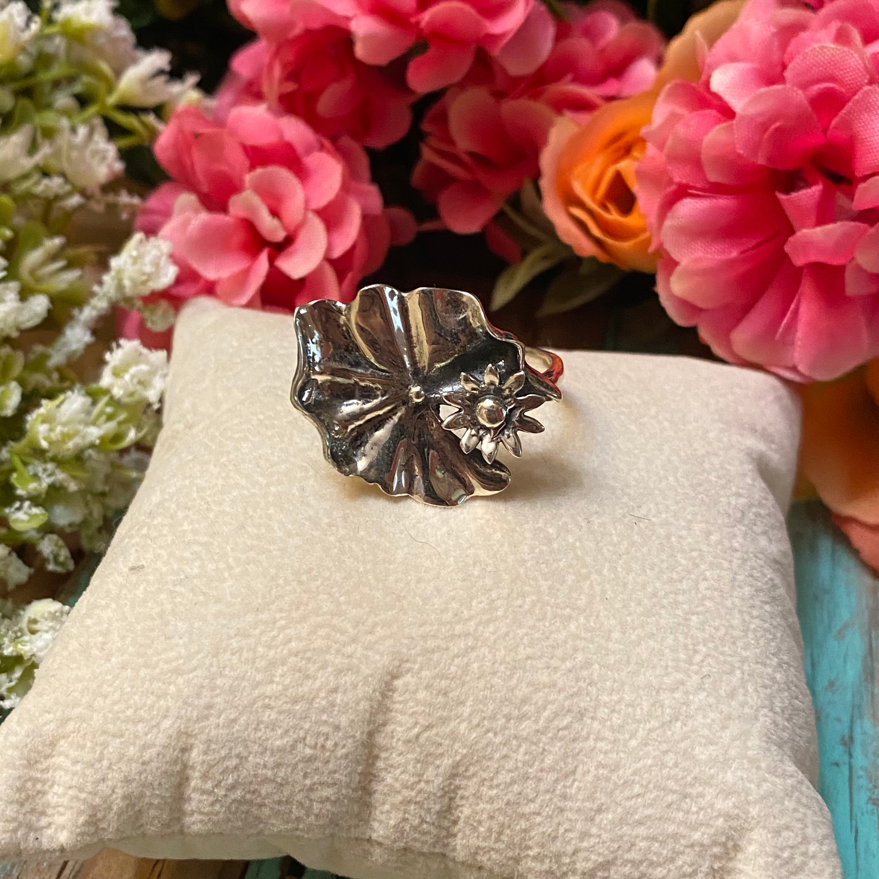 Sterling Silver Lily Pad Flower & Leaf Ring