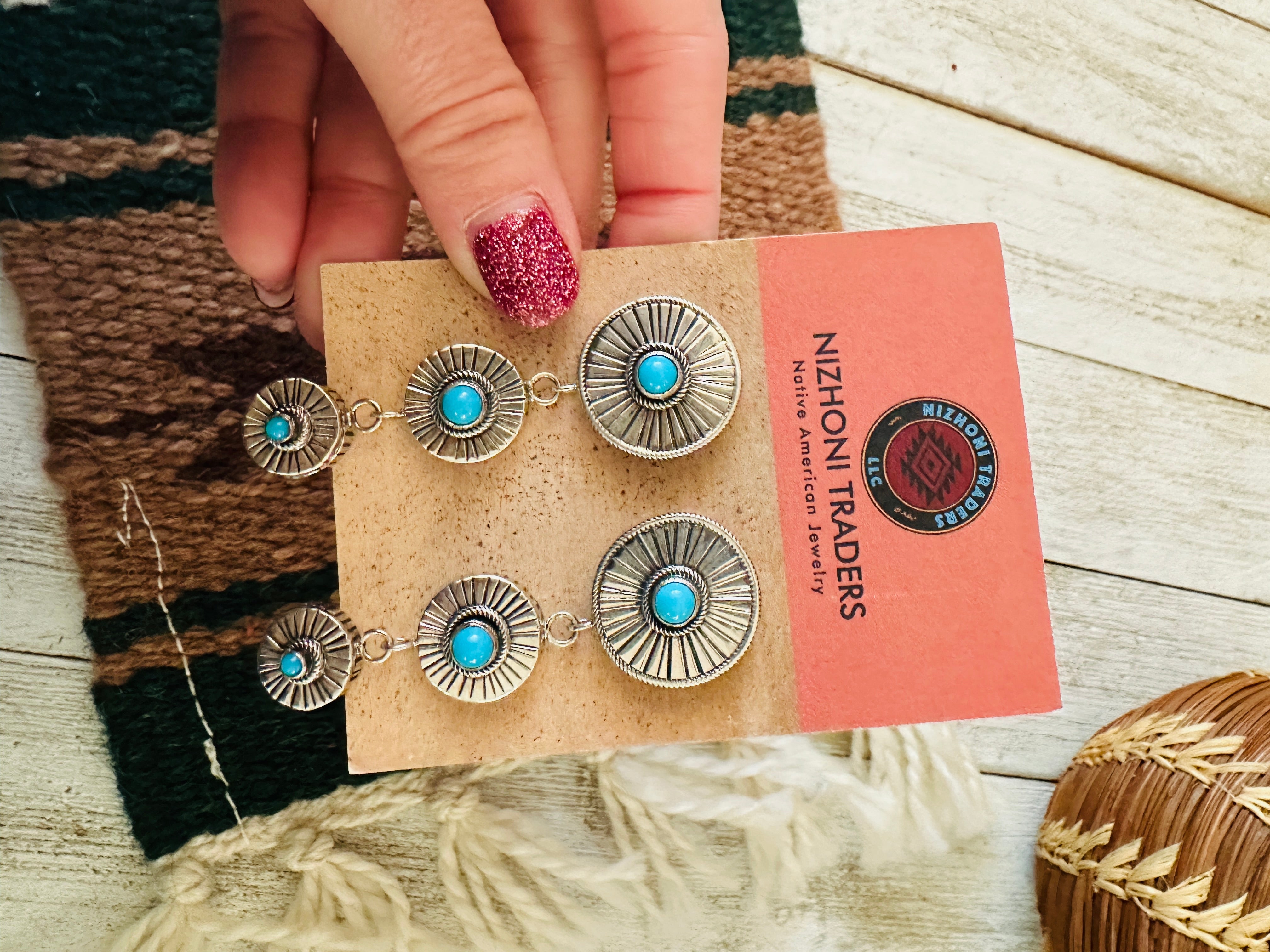 Handcrafted Hand Stamped Sterling Silver & Turquoise Concho Dangle Earrings