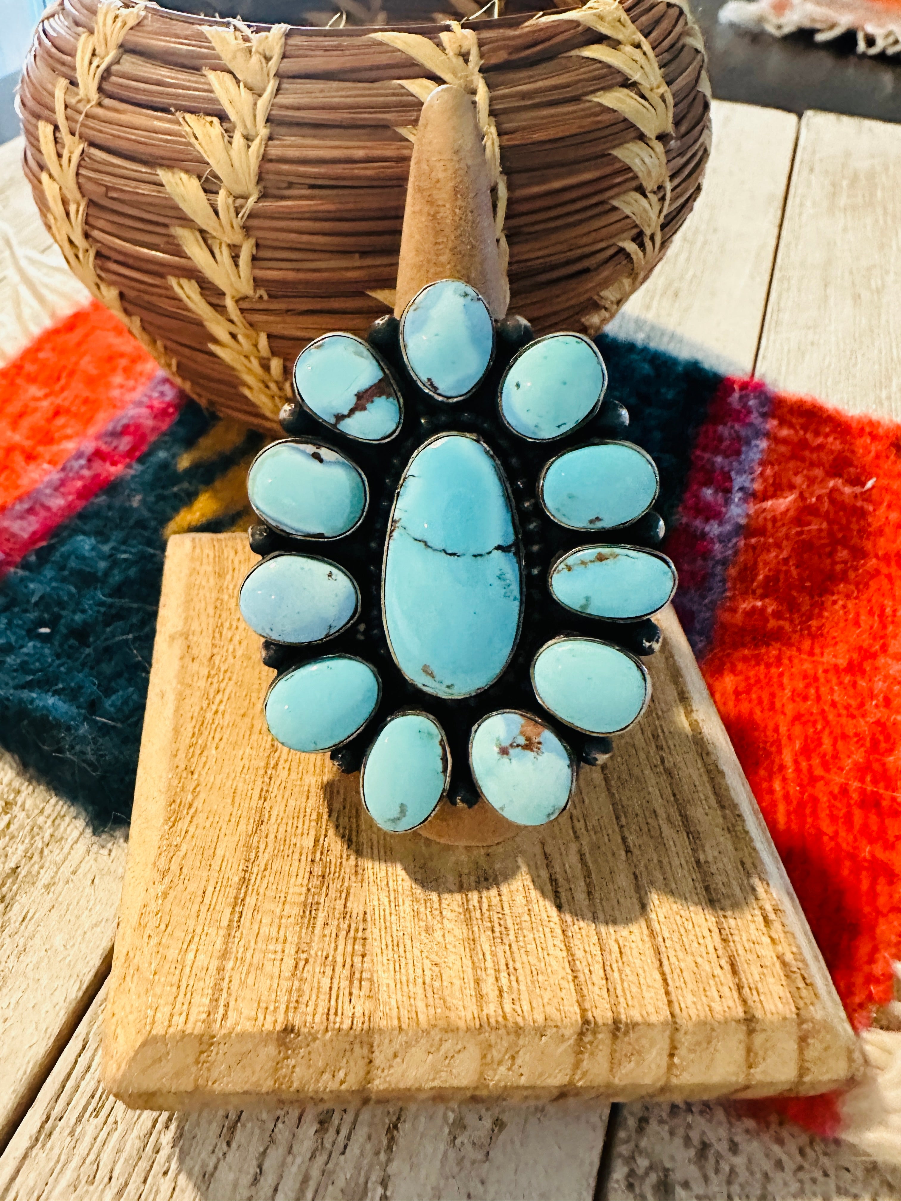 Navajo Golden Hills Turquoise & Sterling Silver Cluster Ring by Blaine Yellowhorse, Size 7