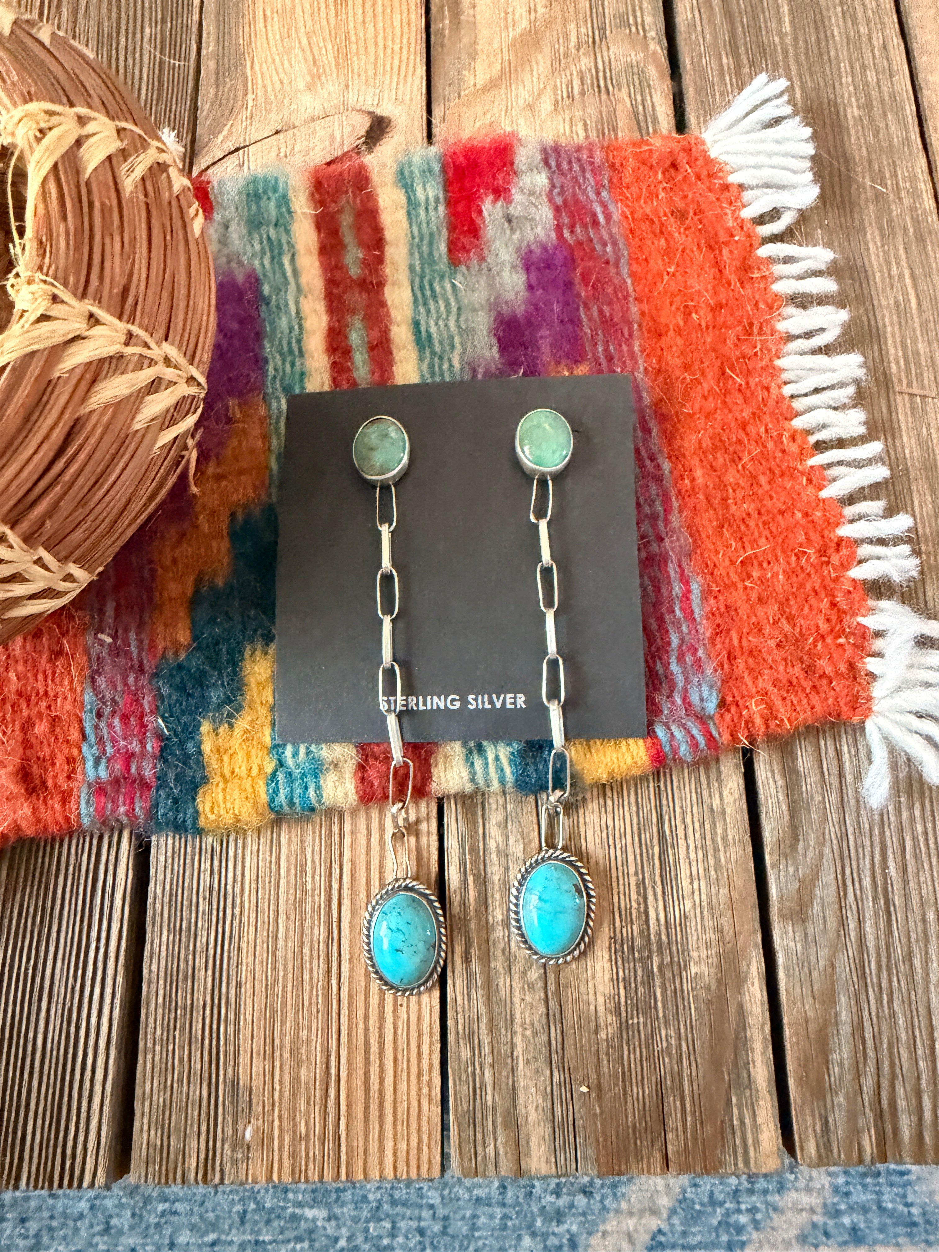 Handcrafted Turquoise & Sterling Silver Chain Dangle Earrings