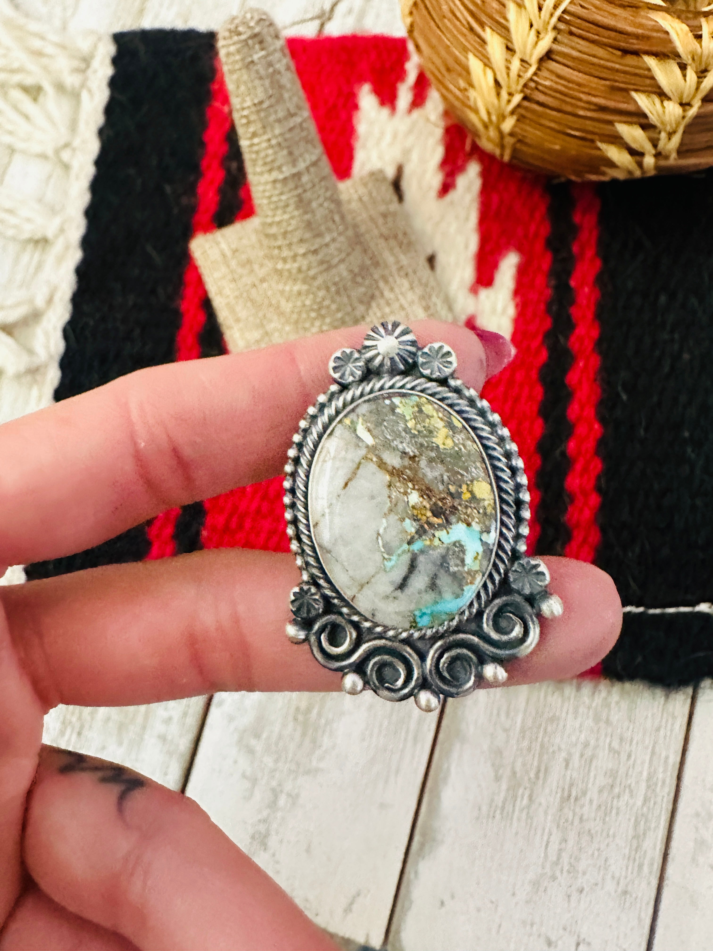 Handcrafted Ribbon Turquoise & Sterling Silver Ring Size 9.5 by Daniel Benally