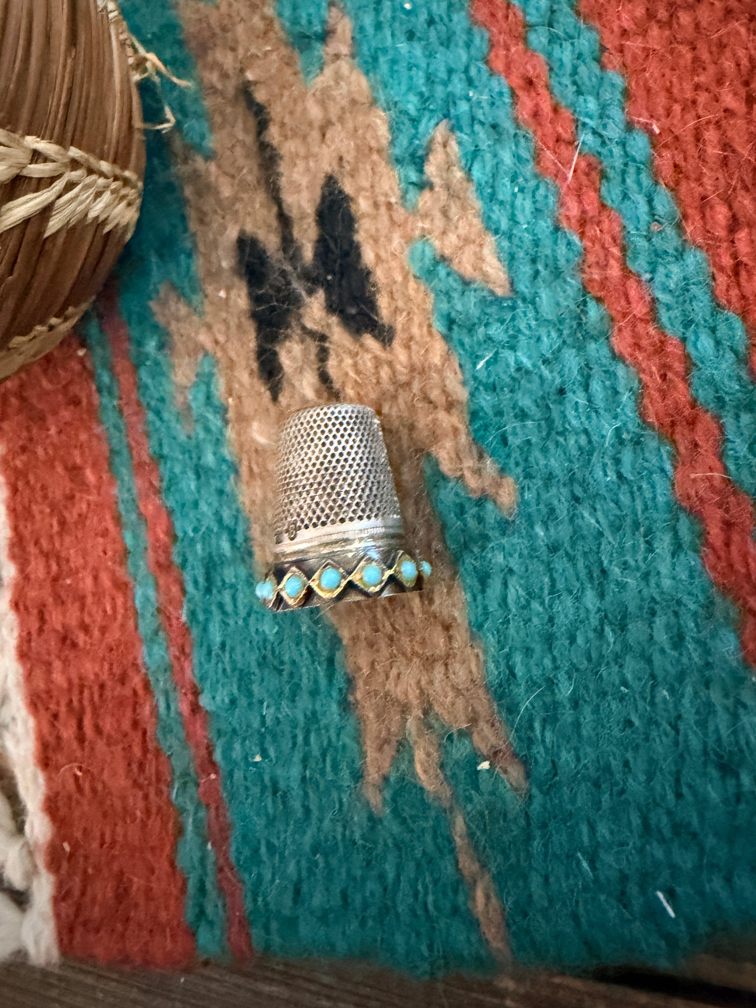 Handcrafted Vintage Old Pawn Sterling Silver and Turquoise Thimble
